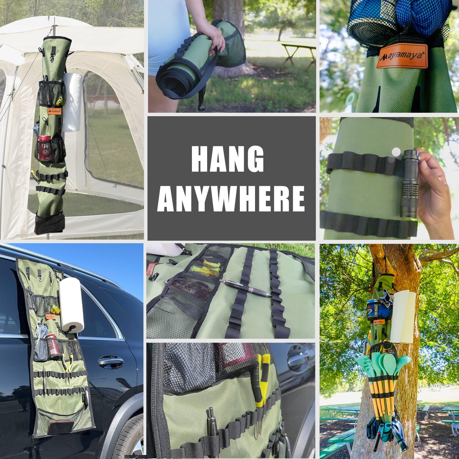 AYAMAYA Organiseur de tente de camping à suspendre pour l'intérieur avec sangles de rangement et poches en maille et crochets de suspension pour camping, camping-car, pique-nique, sac de rangement