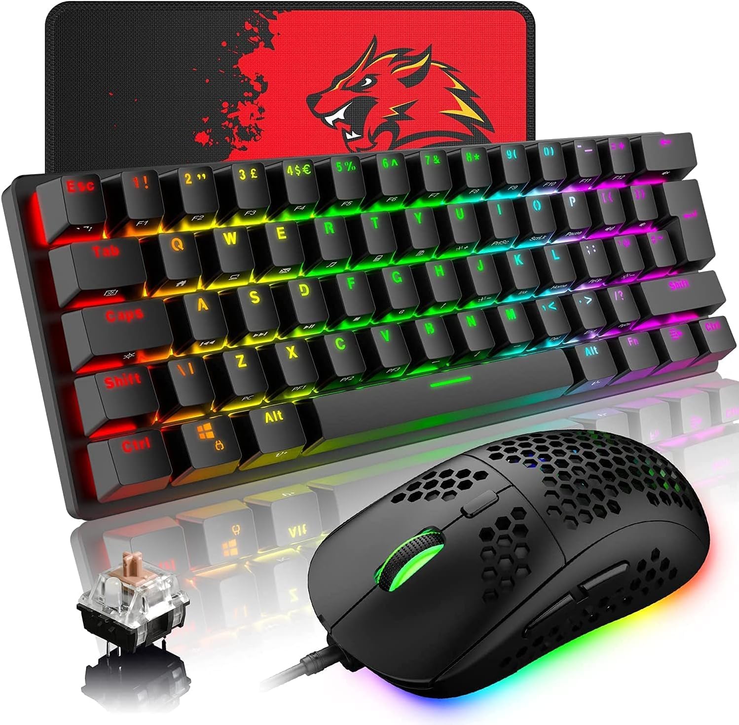 EWEADN MK22 UK Layout Mechanical Gaming Keyboard and Mouse Combo, 14 RGB Chroma Backlit Mini 62 Keys Wired Keyboard + Lightweight 6400DPI Honeycomb Mice + Mouse Pad for PC/Mac - Black/Brown Switch