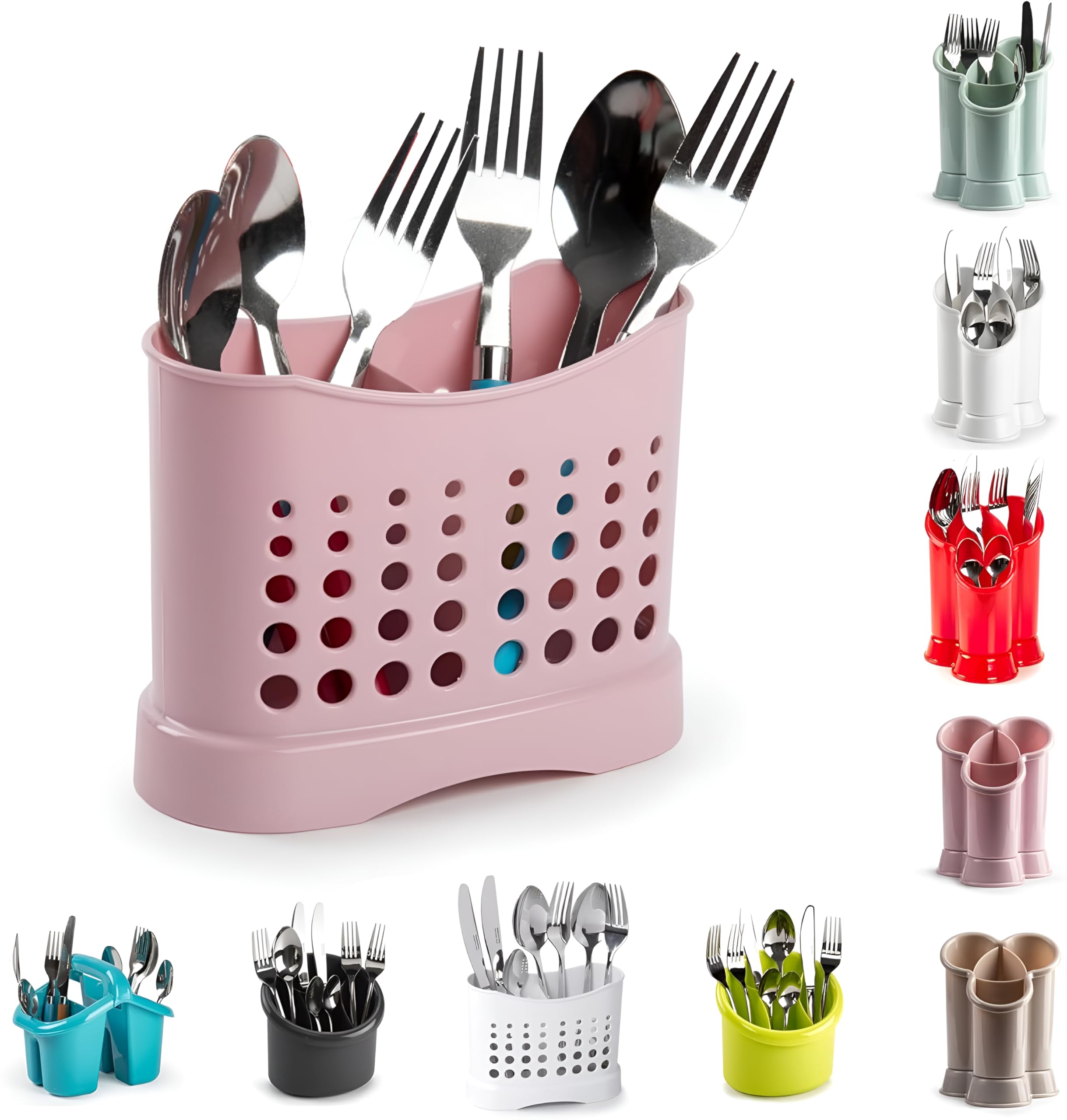 Plastific Pink 2 Compartments High Grade Plastic Sink Tidy Cutlery Drainer Caddy Holder, Cutlery Holder Utensil Drainer, Spoons & Forks Organizer, Utensil Drainer For Home And Kitchen ( - Design 1)