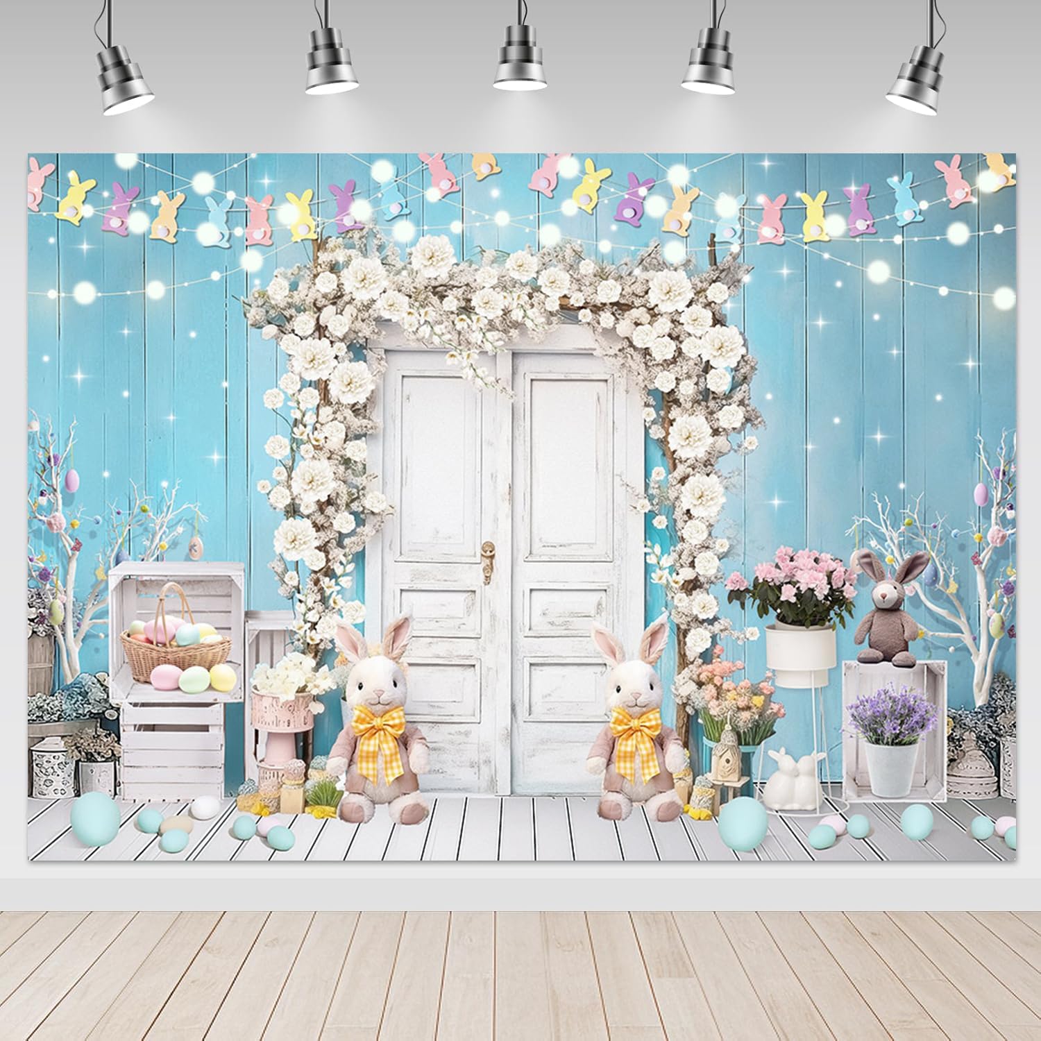Mocsicka Spring Easter Backdrop Blue and White Rustic Door Spring Photography Backdrops Floral Bunny Rabbit Colorful Eggs Easter Day Photo Background Photo Studio Props (10x8ft)