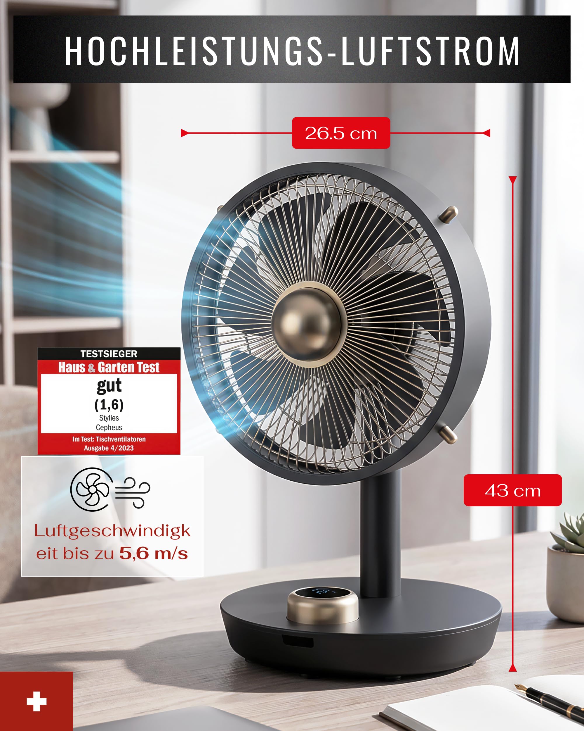 Premium Tischventilator, Ventilator leise aus Metall mit 12 Stufen, Digital-Display, 90° Oszillation, 8h Timer, Luftstrom bis 6,4 m/s, für Schlafzimmer - Anthrazit