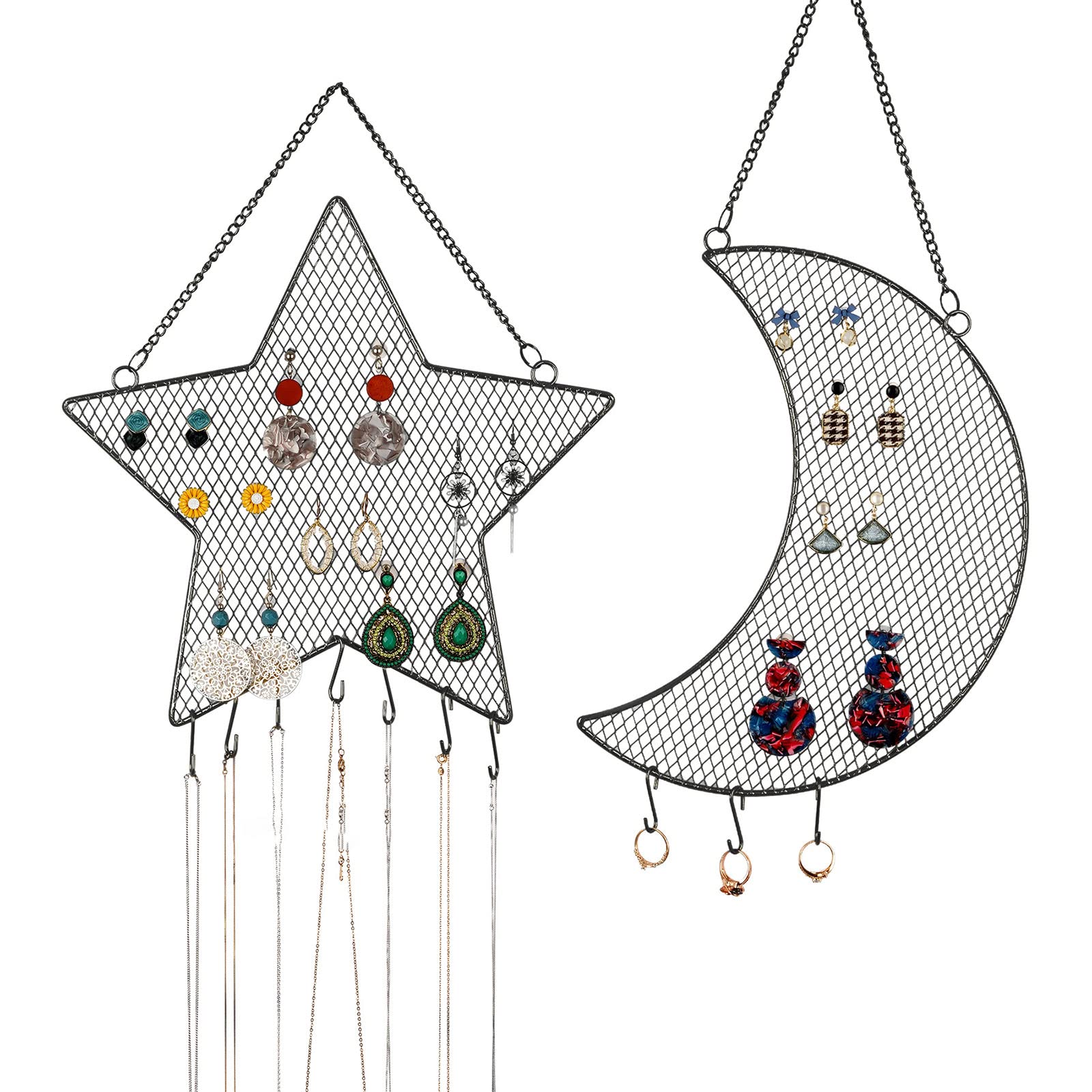 Présentoir bijoux mural lune et étoile avec crochets S pour colliers et boucles