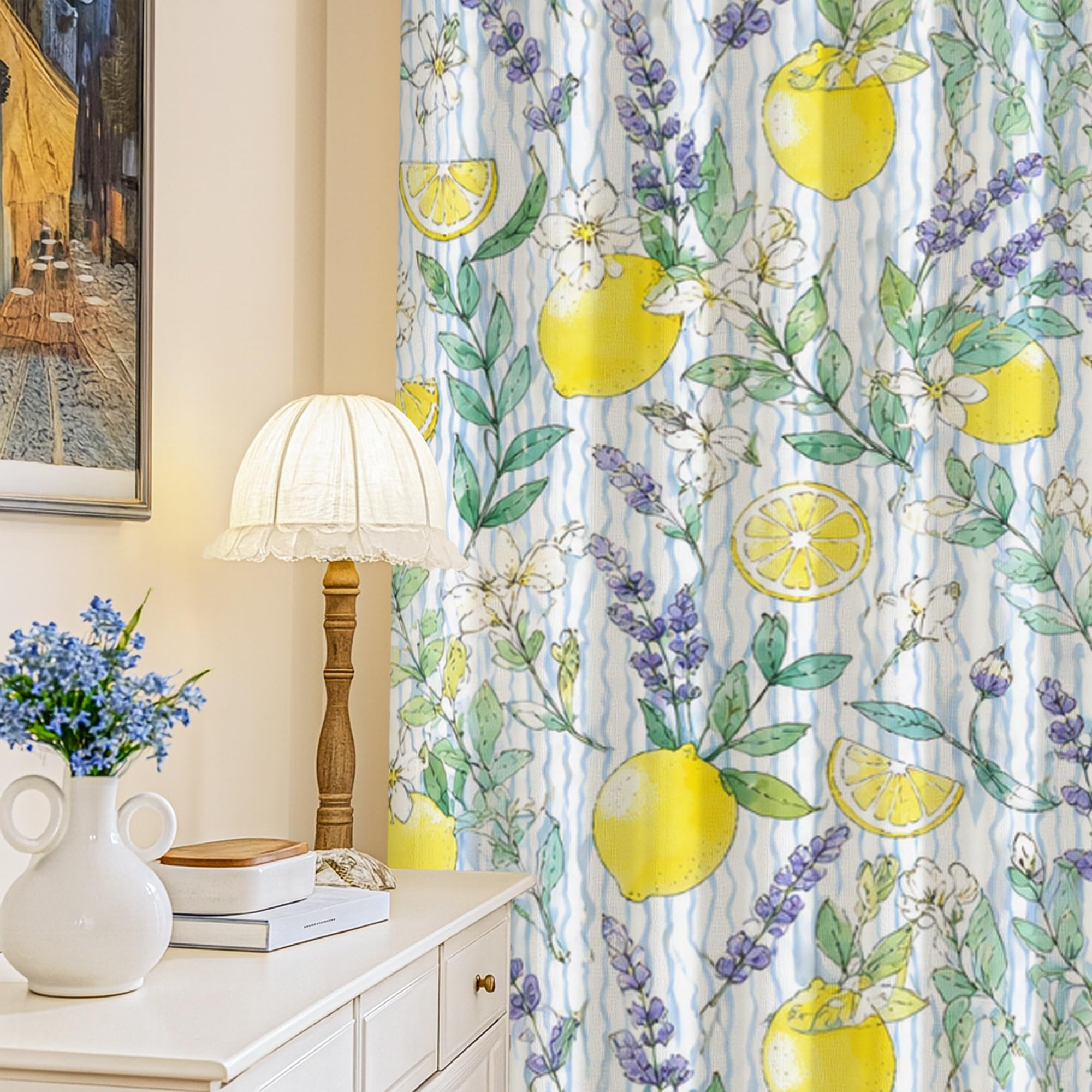 Rideau occultant lavable imprimé botanique jaune 132x213 cm pour décoration salon