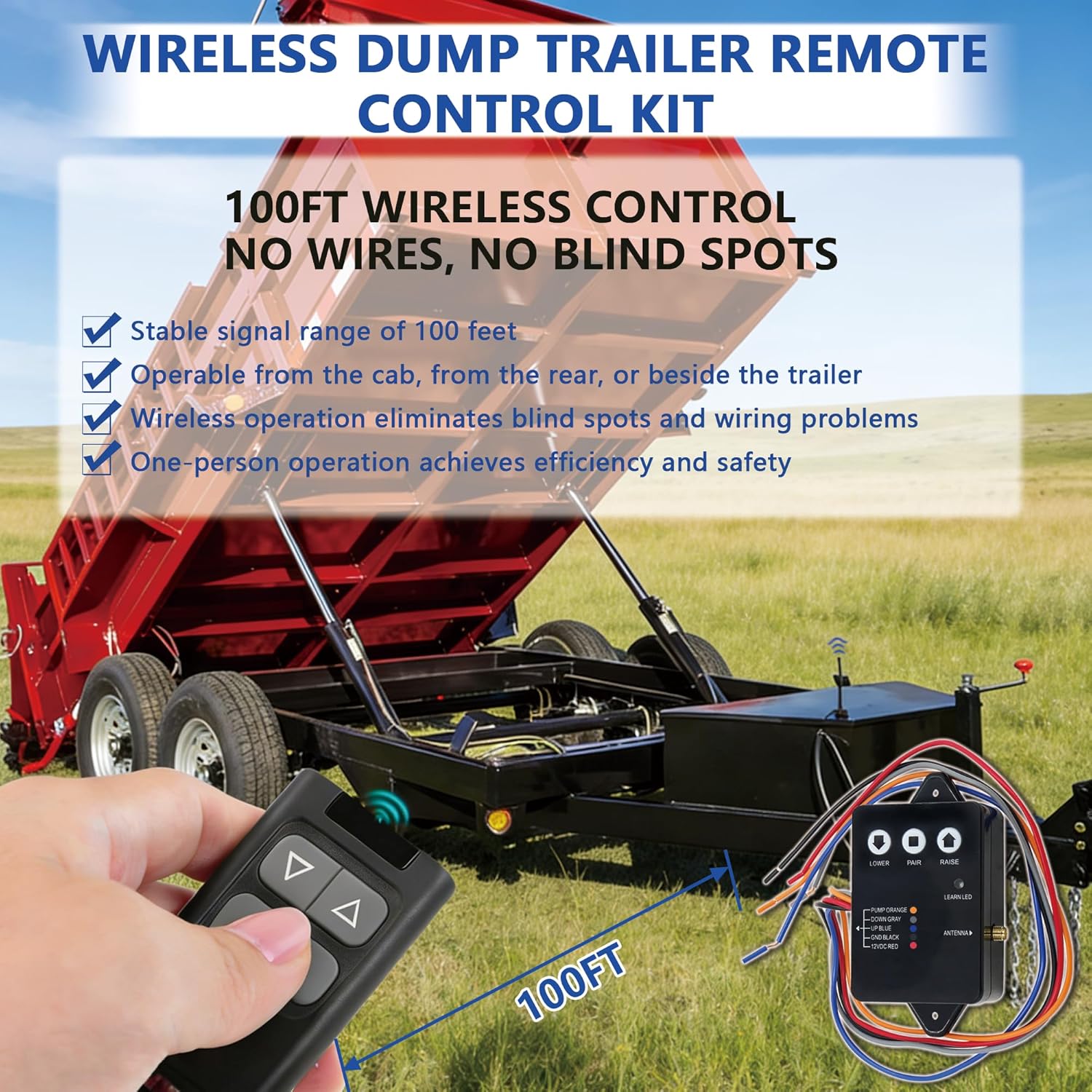 Upgraded Dump Trailer Remote Controller, Compatible with 3-Wire & 4-Wire Hydraulic Trailer Controllers, 12V Hydraulic Dump Trailer, Operating Range 100ft, Dump Trailer Remote Control Kit