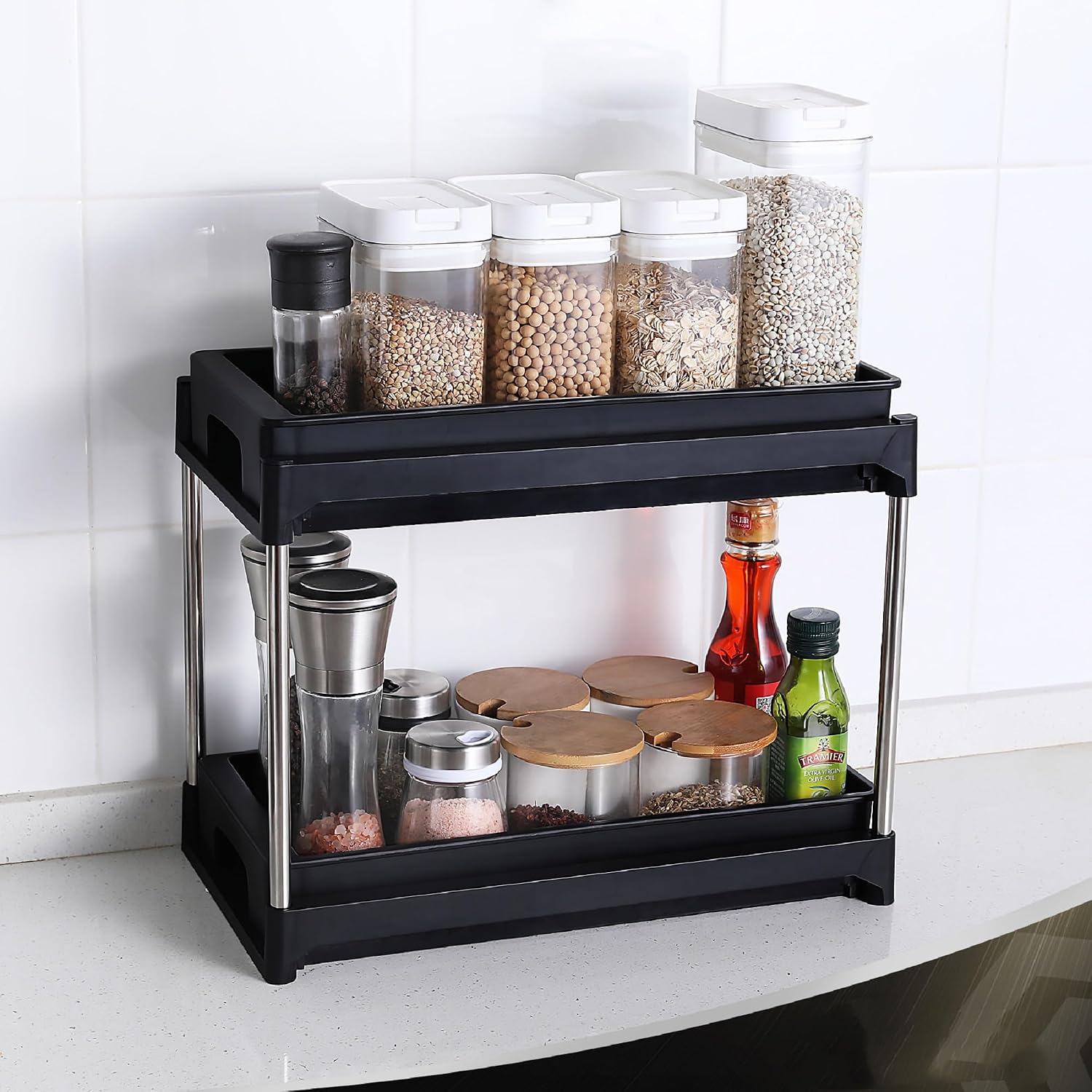 2-Tier Under Sink Organizer with Pull-Out Drawers, Black, Cabinet Storage Rack with 2 Hooks