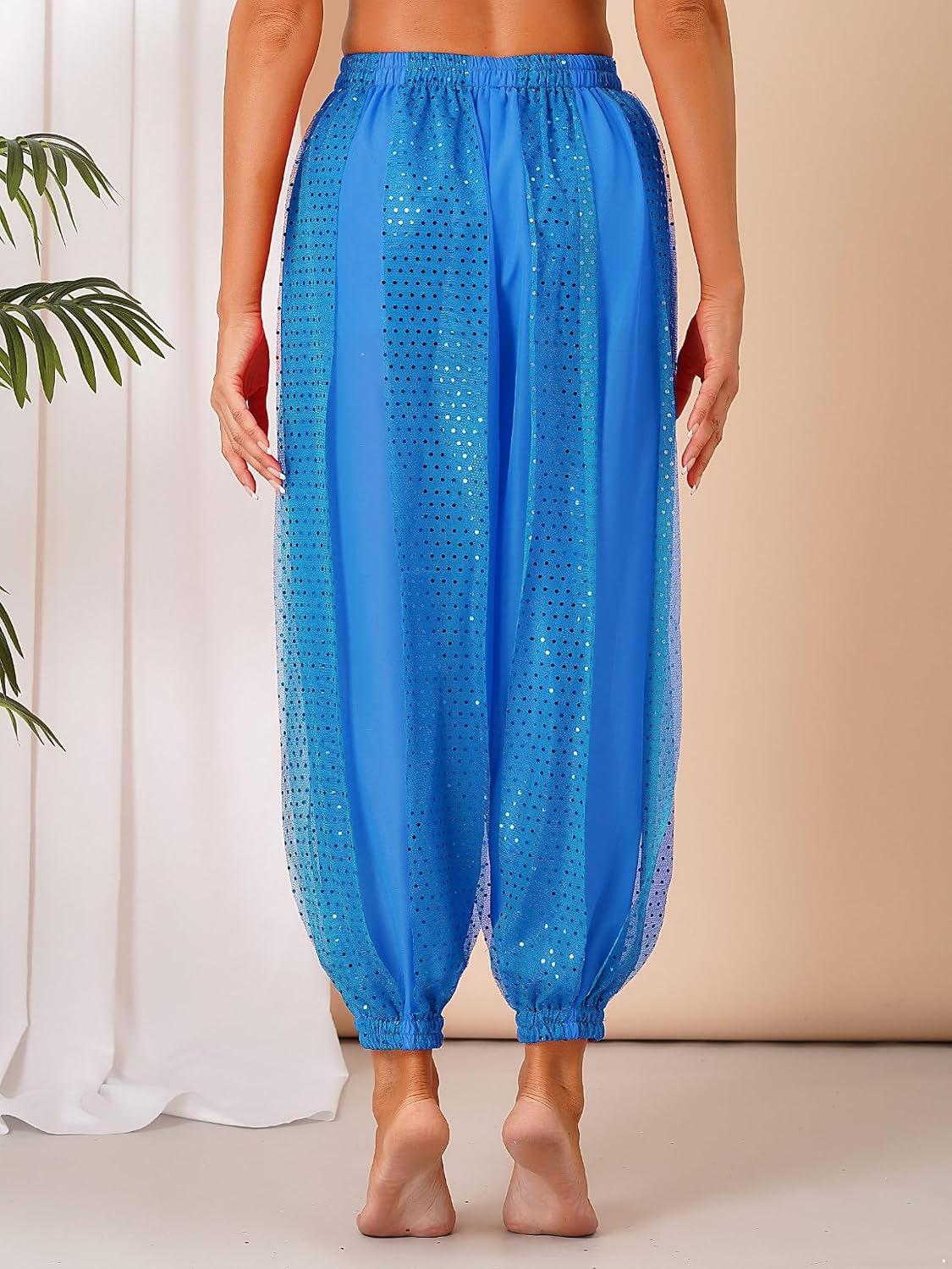 JanJean Belly Dance Pants for Women Sequined Dots Chiffon Bloomer Semi See-Though Bollywood Dancewear