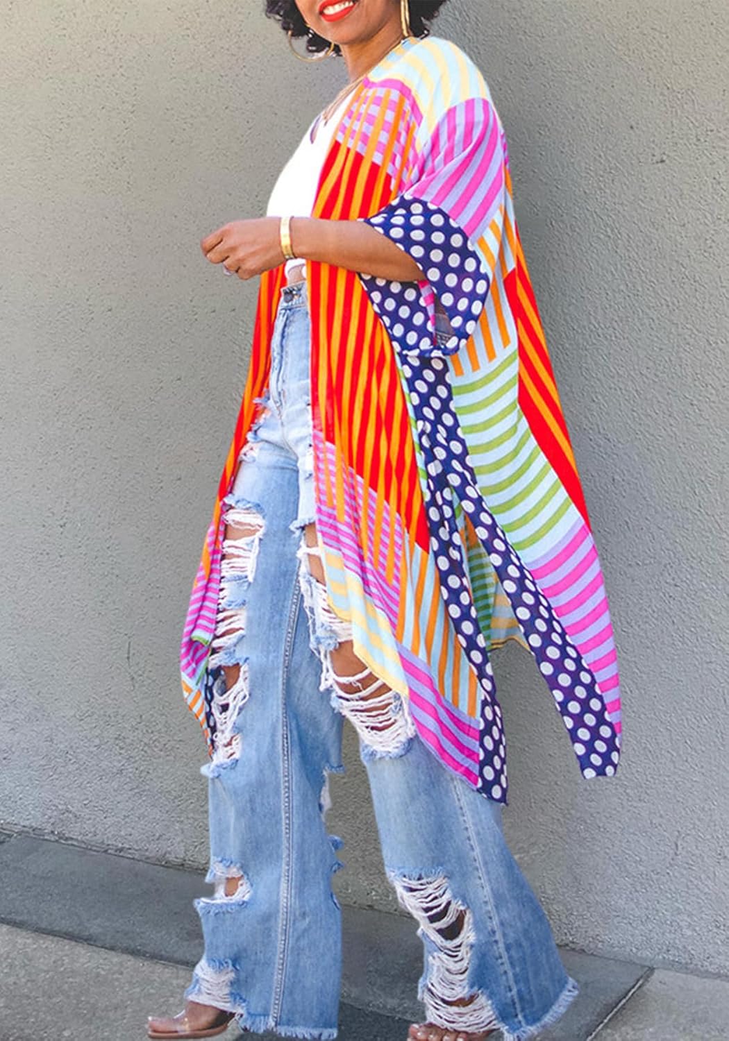 HuiSiFang Women's Ripped Jeans High Waisted Straight Wide Leg Cut Out Destroyed Frayed Tassel Jeans Distressed Baggy Jeans - Image 3