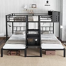 Idemon Iron Bed, Bunk Bed, Three Seater Sleeping Bed, Comfortable Ladder with Handrail, Stable Frame Frame, Top Bed with Storage Space, Iron, Black, 90 x 200 cm
