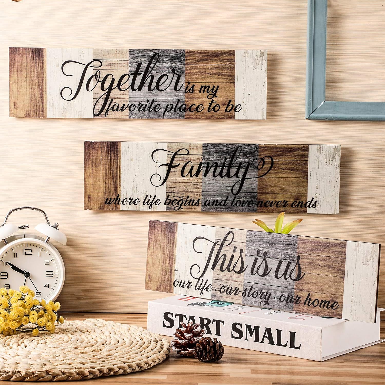 3 Pieces This is Us Sign Rustic Family Home Decor Wooden Sign Together Hanging Wall Decorations for Living Room Kitchen Bedroom Laundry Bathroom Office House Warming (Brown, Beige, Gray)