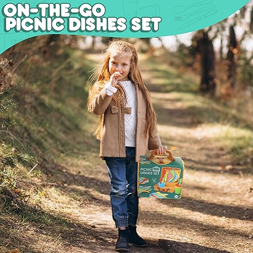 Miniatura 7 de Cesta de picnic para niños, juego de 25 piezas de plástico para fiesta de té, juego de platos de juego de simulación de colores, juguetes de cocina