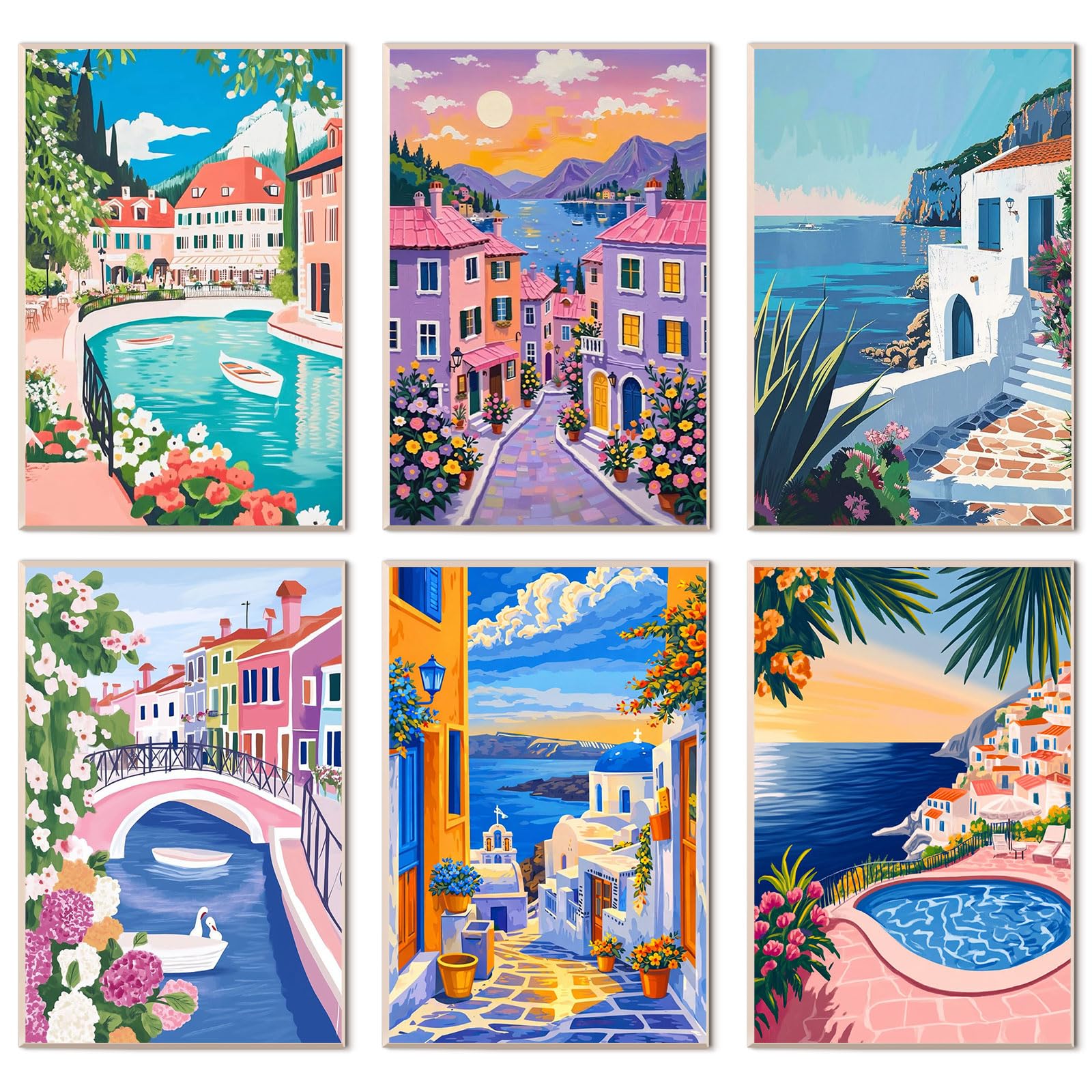 Seaside Town 6 Pack Paint by Numbers for Adults Beginner 8X12 IN, Landscape