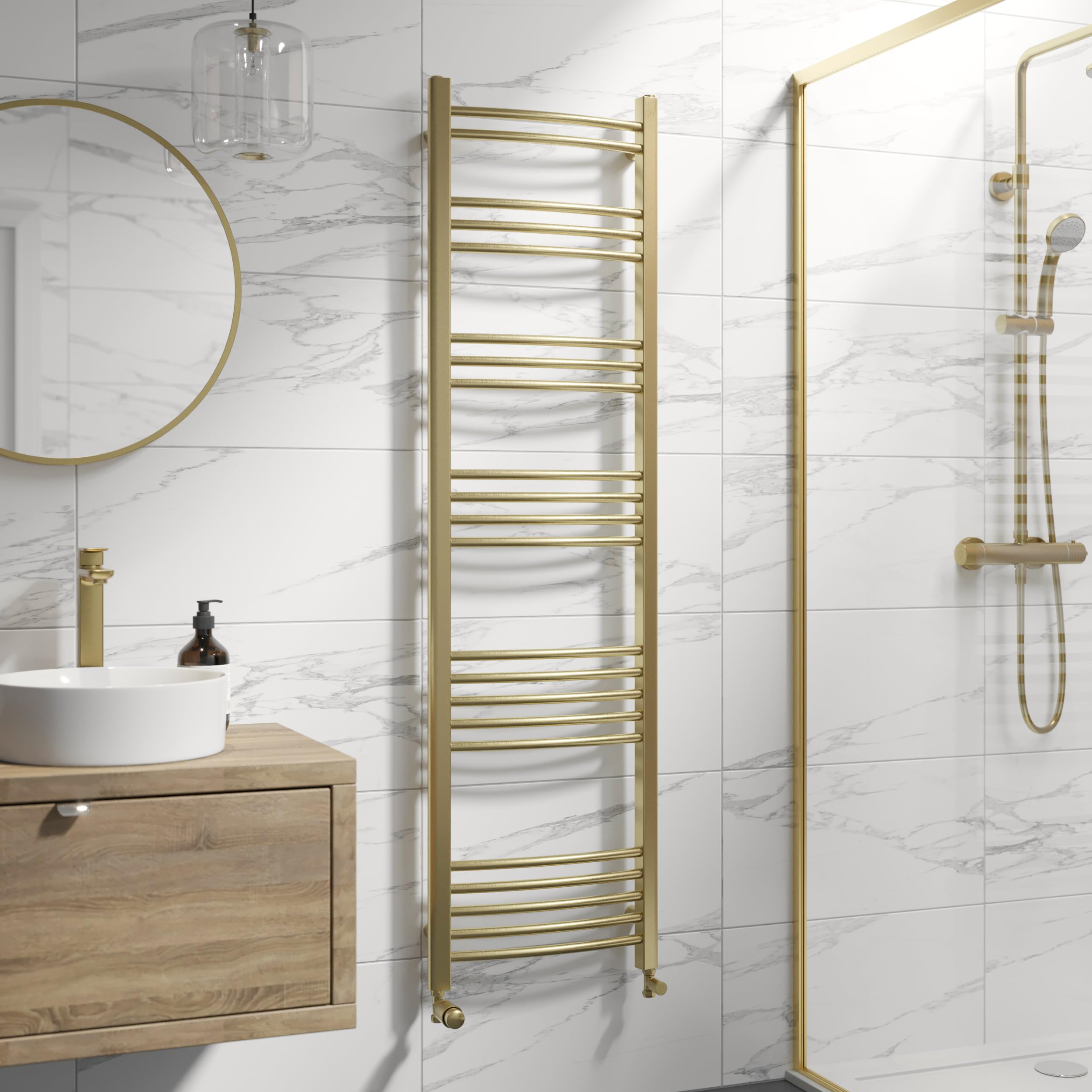 Duratherm Brushed Brass Duratherm® 1600 X 450Mm Curved Heated Towel Rail Radiator Modern Central Heating Bathroom Warmer Wall Mounted Ladder Rad,