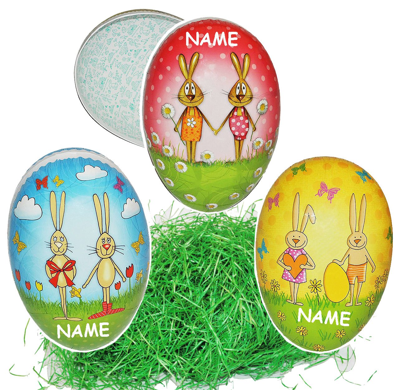alles-meine.de GmbH Set Ostergras & 10 Füll - Pappeier 15 cm - Hasen - Comic Figuren - incl. Name - Osterei/Ei zum befüllen - Deko Pappe Papp Pappeier Dekoei Pappostereie..