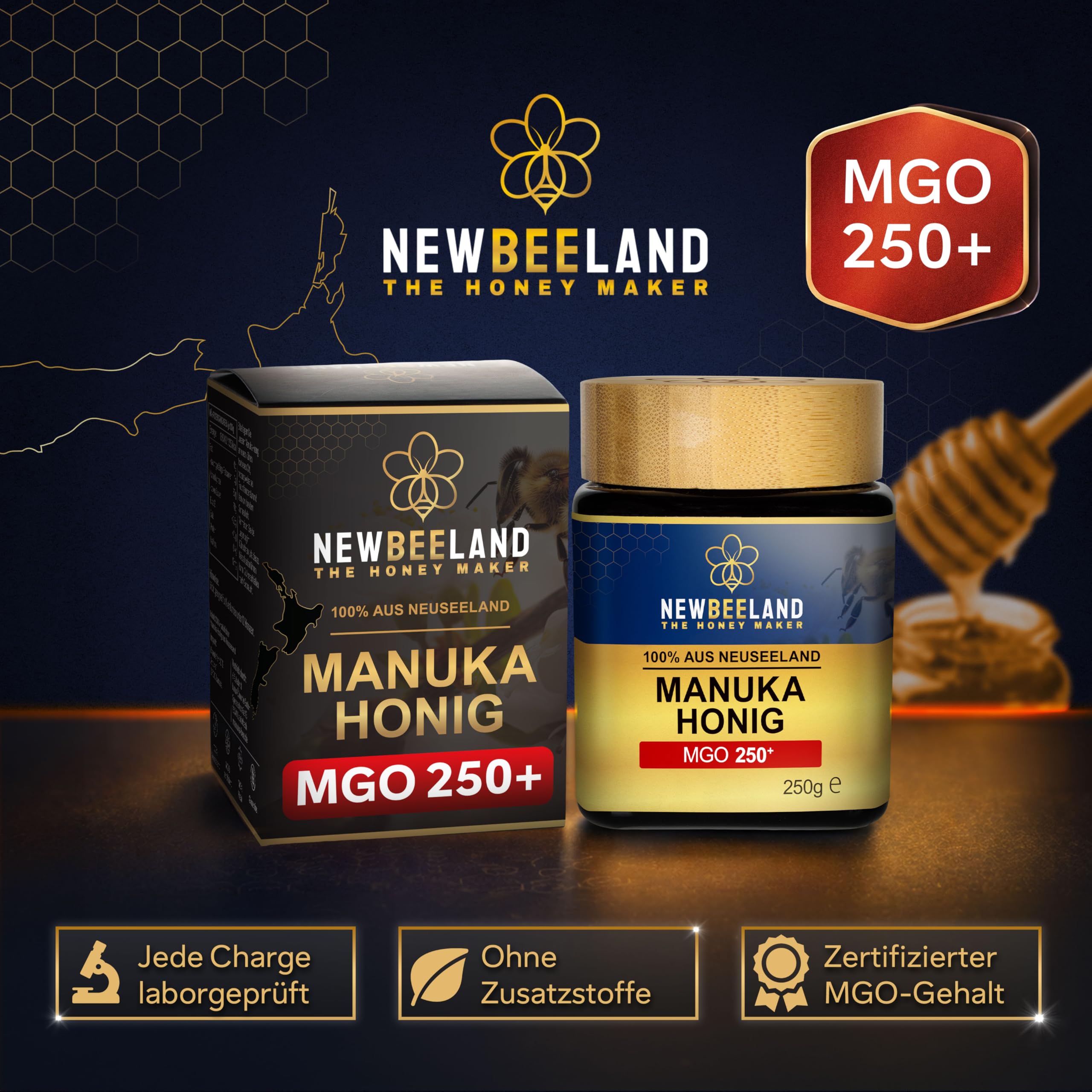 NEWBEELAND Manuka Honig MGO 250+ Direktimport aus Neuseeland 2X250g (500g) | chargengeprüfter Methylglyoxal-Gehalt (MGO), Cremig-zähflüssige Textur, herber & kräftiger Geschmack, lichtgeschütztes Glas