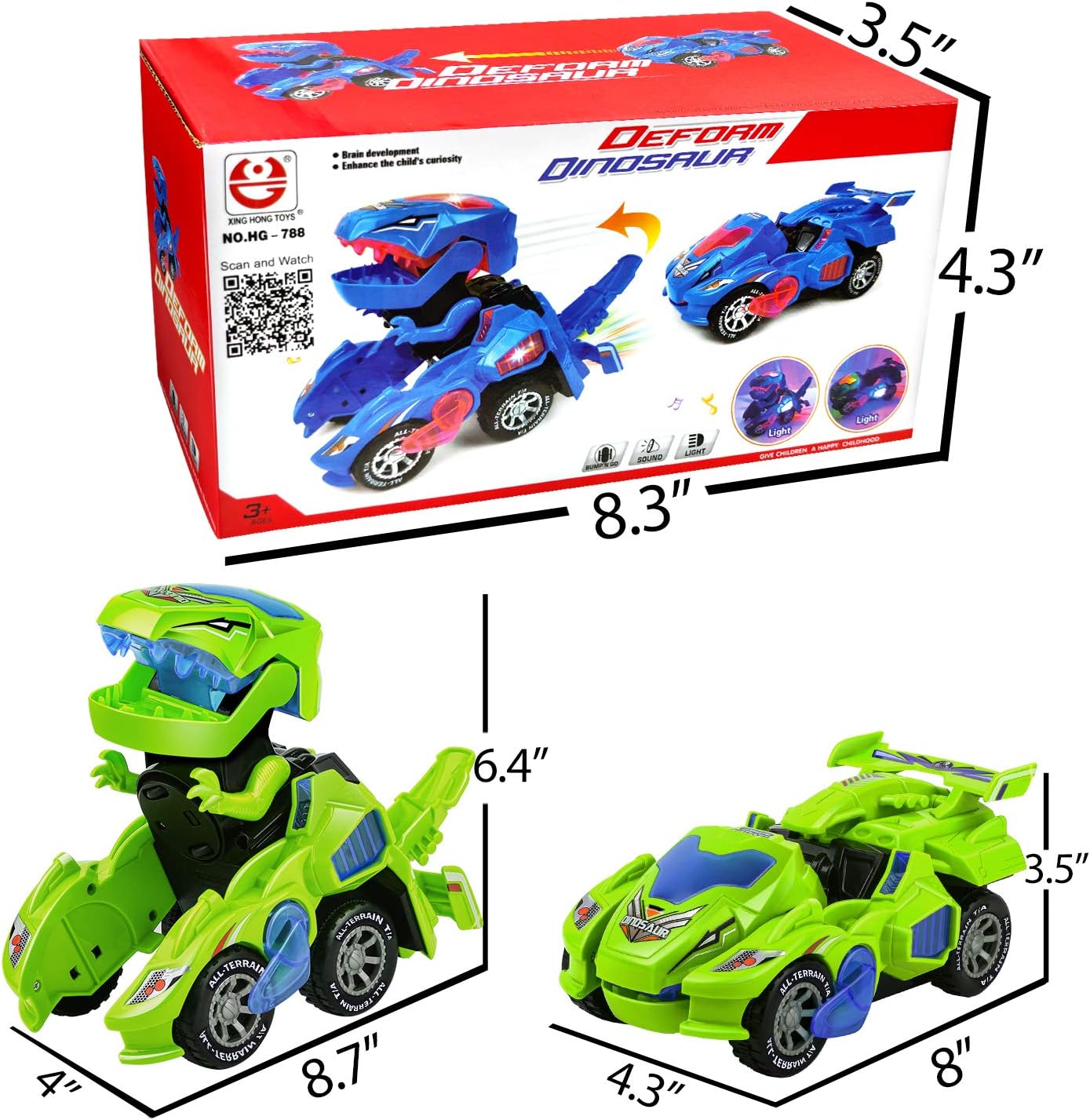 Transforming Dinosaur Car with LED Light Music Automatic Deformation Dino Race Car Toys for Kids Boys Girls Toddlers 3 Year Old and Up Birthday