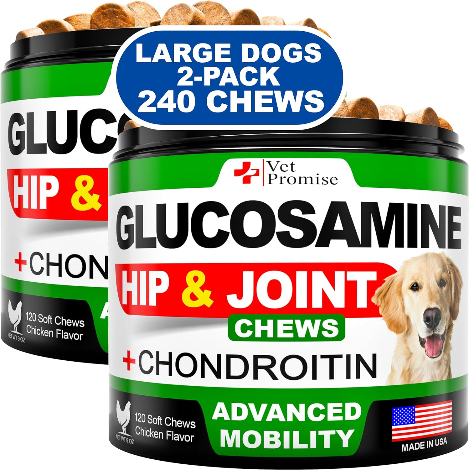 (2 Pack) Glucosamine for Dogs - Hip and Joint Supplement for Dogs - Glucosamine Chondroitin - Joint Pain Relief Pills - MSM - Hemp Oil - Advanced Health Support Supplement - 240 Mobility Chews