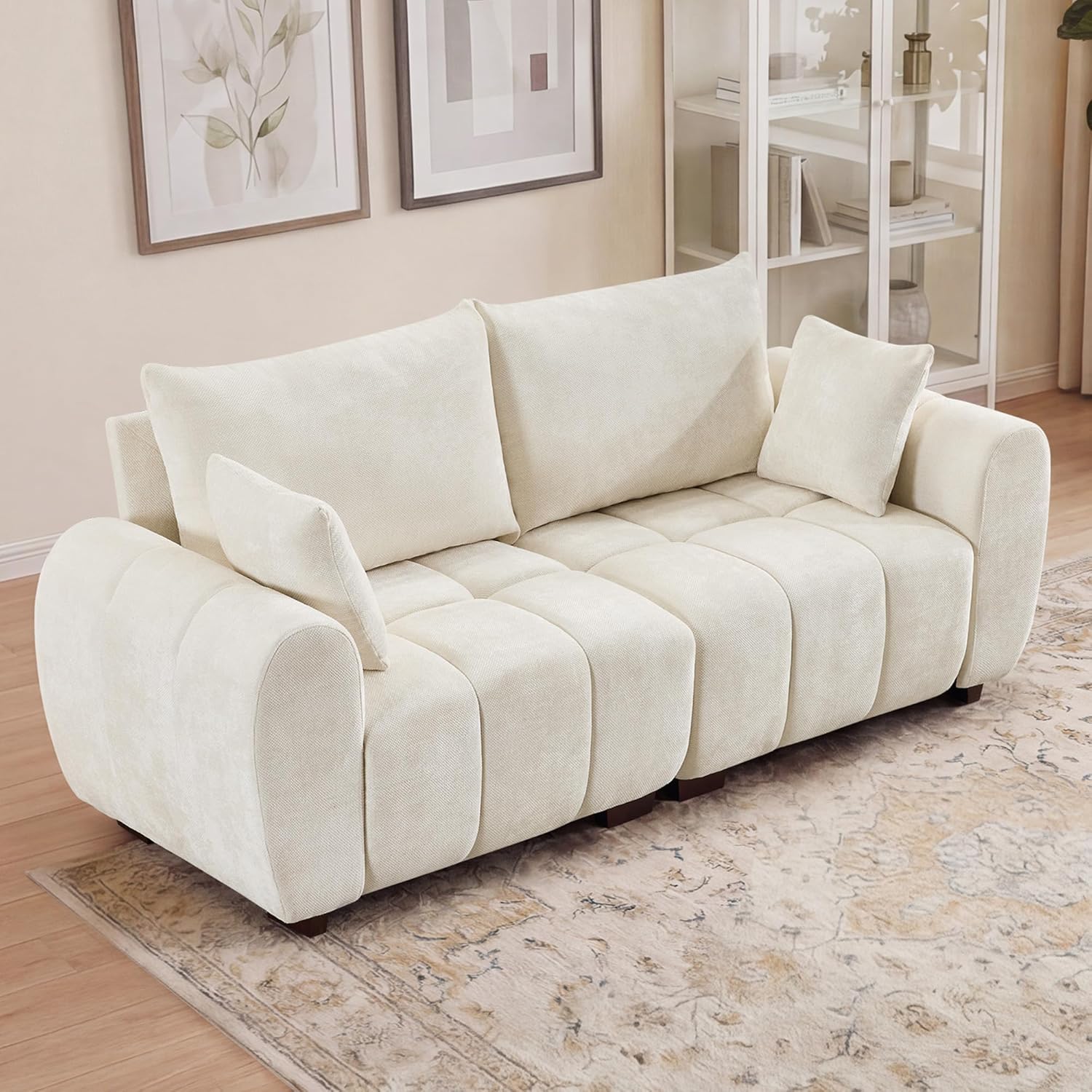 82" Loveseat Cloud Couch, Beige Chenille Modern Upholstered 2-Seater Sofa with Tufted Deep Seat & Wood Legs, Comfy Small Love Seat Couch for Living Room Apartment