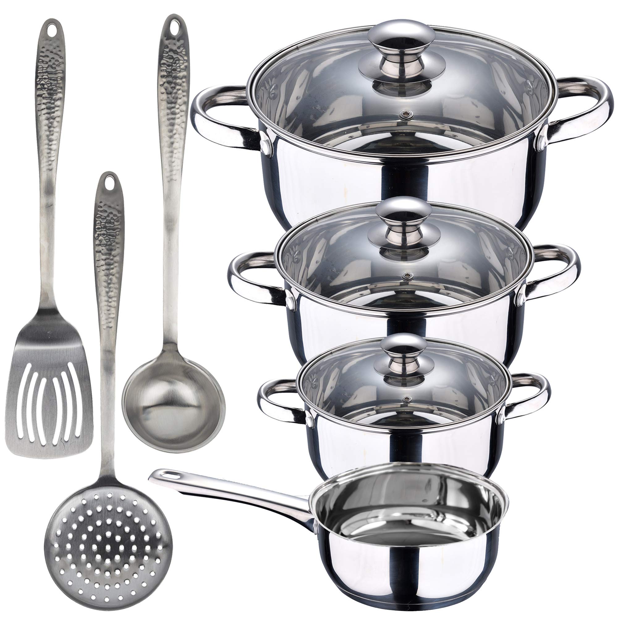 Batería 7 piezas Cazo sin tapa y Cacerolas de 16 cm (1.5L); 18 cm (2.0L) y 20 cm (3.0L) de diametro, acero inoxidable, inducción + Utensilios 3pcs, mangos decorados efecto martillado