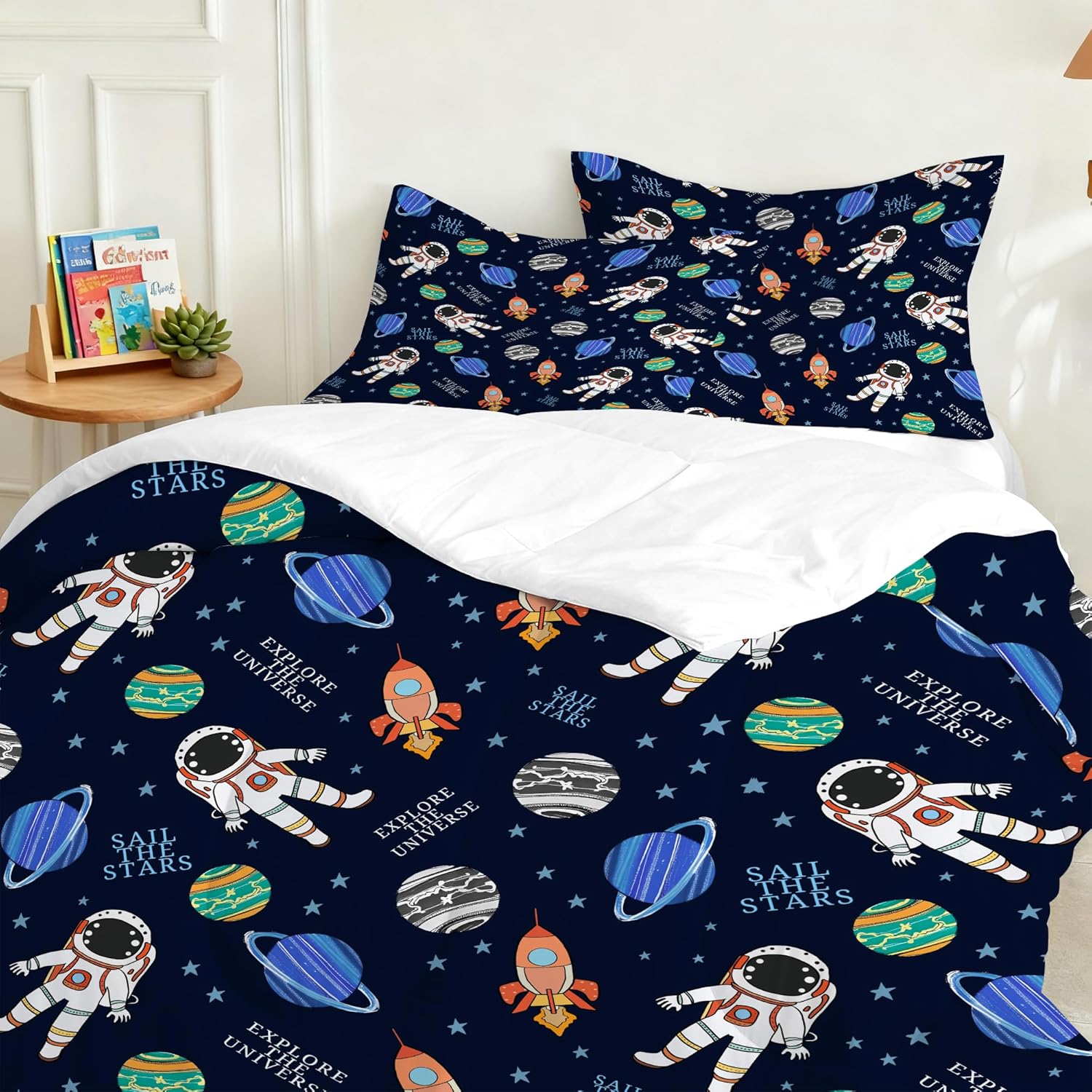 Boys Blue Space Comforter Set Full Size Kids Cartoon Outer Space Bedding Set Cute Astronaut Rocket Bed Set for Bedroom Decor Soft Microfiber Planets Quilt Set with 1 Comforter +2 Pillowcases