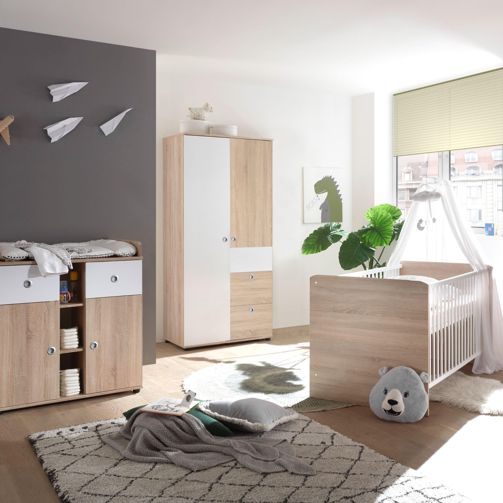 WIKI Eleganter Babyzimmer Kleiderschrank 2-türig 90 x 191 x 53 cm Eiche Sonoma Optik Weiß