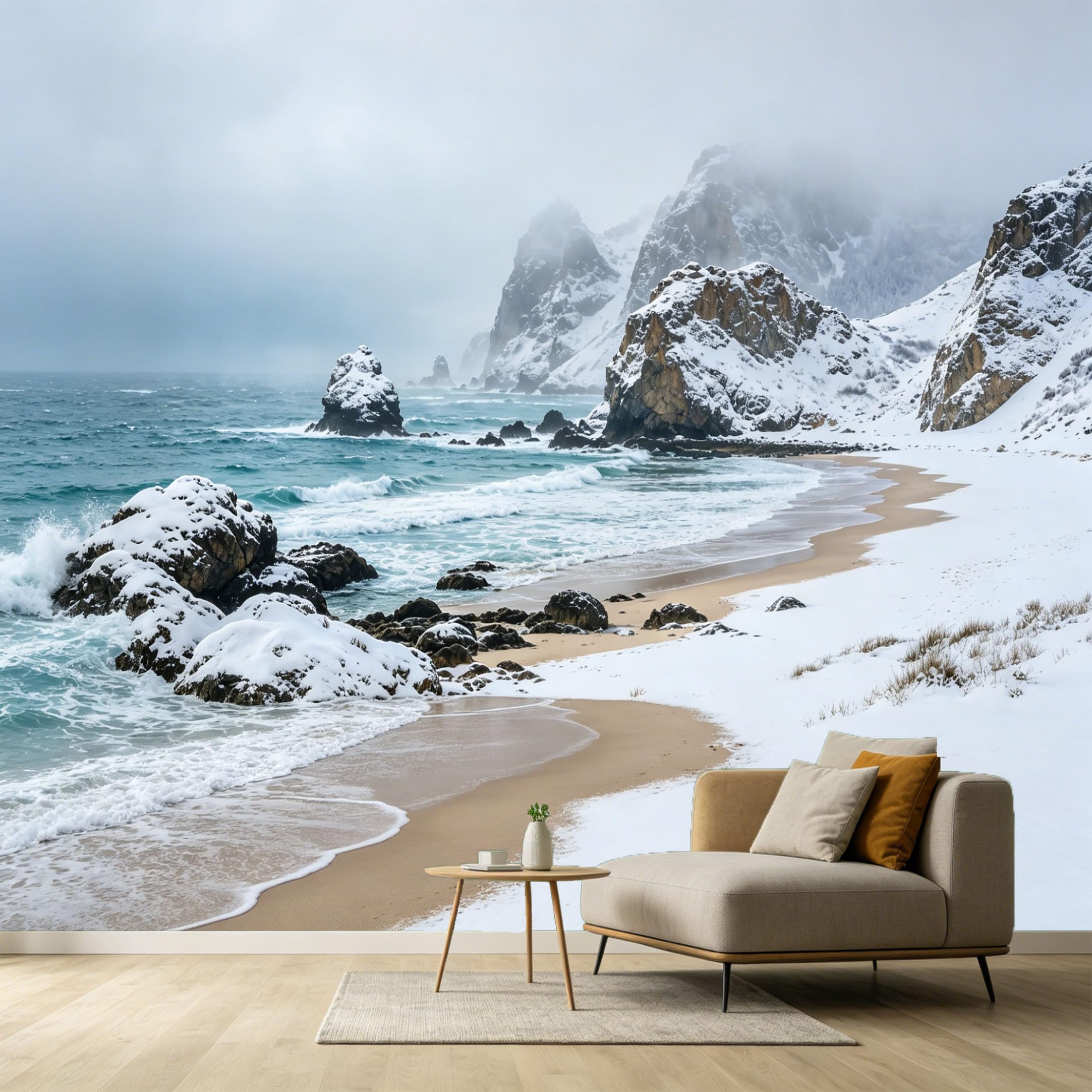 Custom Size Wall Murals Snowy Coastal Landscape Winter Ocean Waves Rocks SelfAdhesive Wall Fabric Removable Large Wallpaper for Photo Living Room