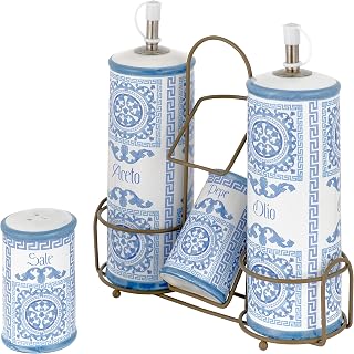 Baroni Home Menage - Aceite de vinagre de sal y pimienta de cerámica con soporte de metal, accesorio de cocina colorido, resistente, línea mayólica azul, 21 x 8 x 22 cm