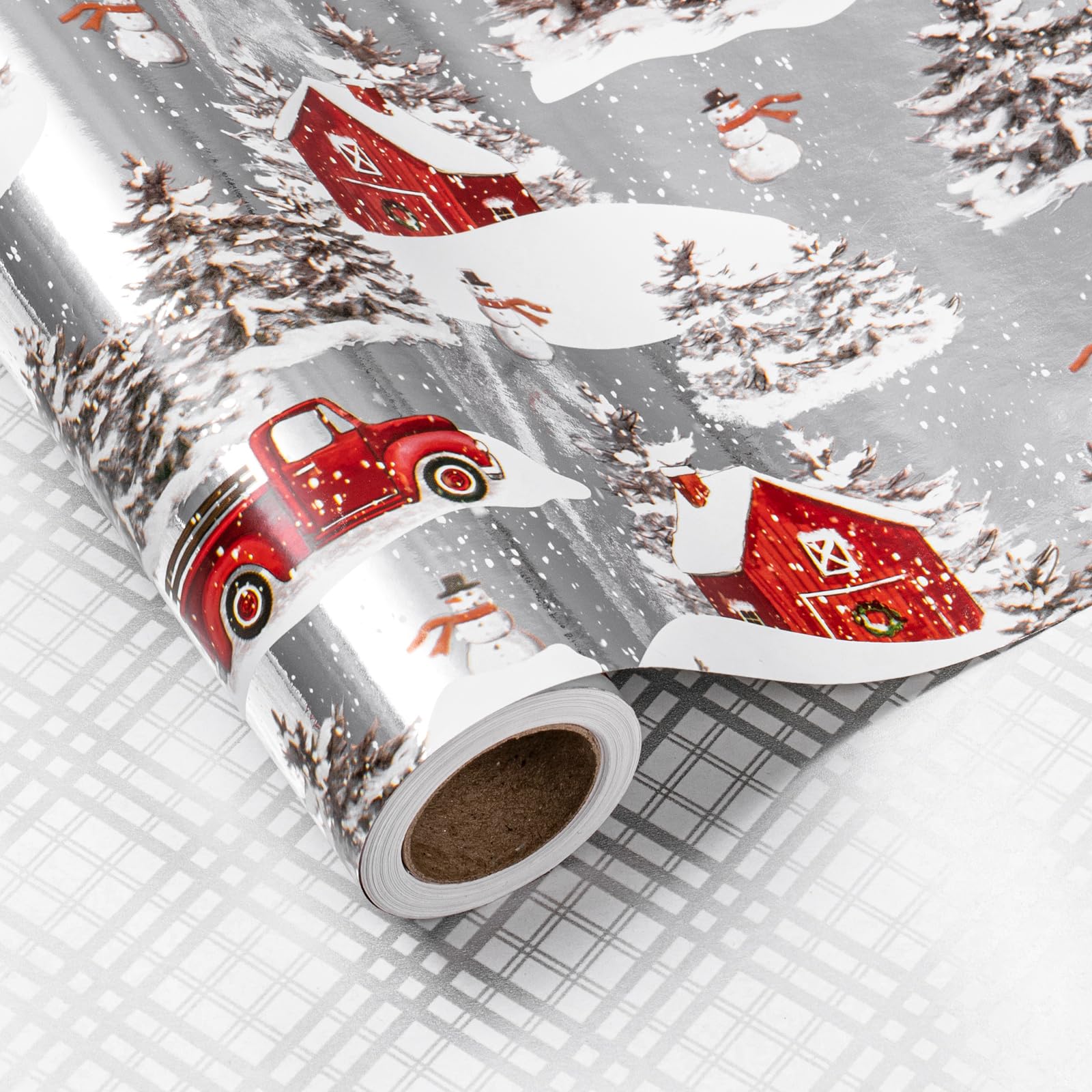 LeZakaa Reversible Christmas Wrapping Paper Roll - Red Truck & Christmas Tree Grid in Silver for Holiday, Party - 17 in x 32.8 ft (46.45 sq.ft.) — image 1