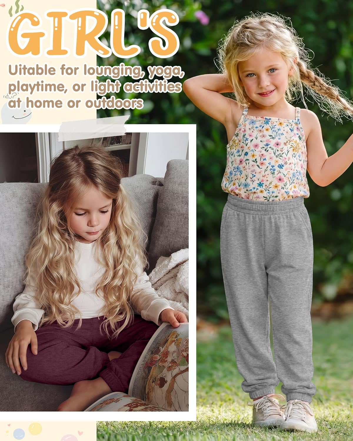 4 Pack Girls Jogger Pants Lightweight Sweatpants Casual Yoga Elastic Waist with Pocket Kids Teen 5-14y(Black, Light Gray, Midnight Blue, Wine,11-12y)