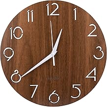 Nicunom 12 Inch Wooden Wall Clock, Cut-Out Numbers Design, Rustic Country Style Wall Clocks, Silent Non-Ticking, Decor for Home Living Room Bedroom Kitchen Office - Battery Operated