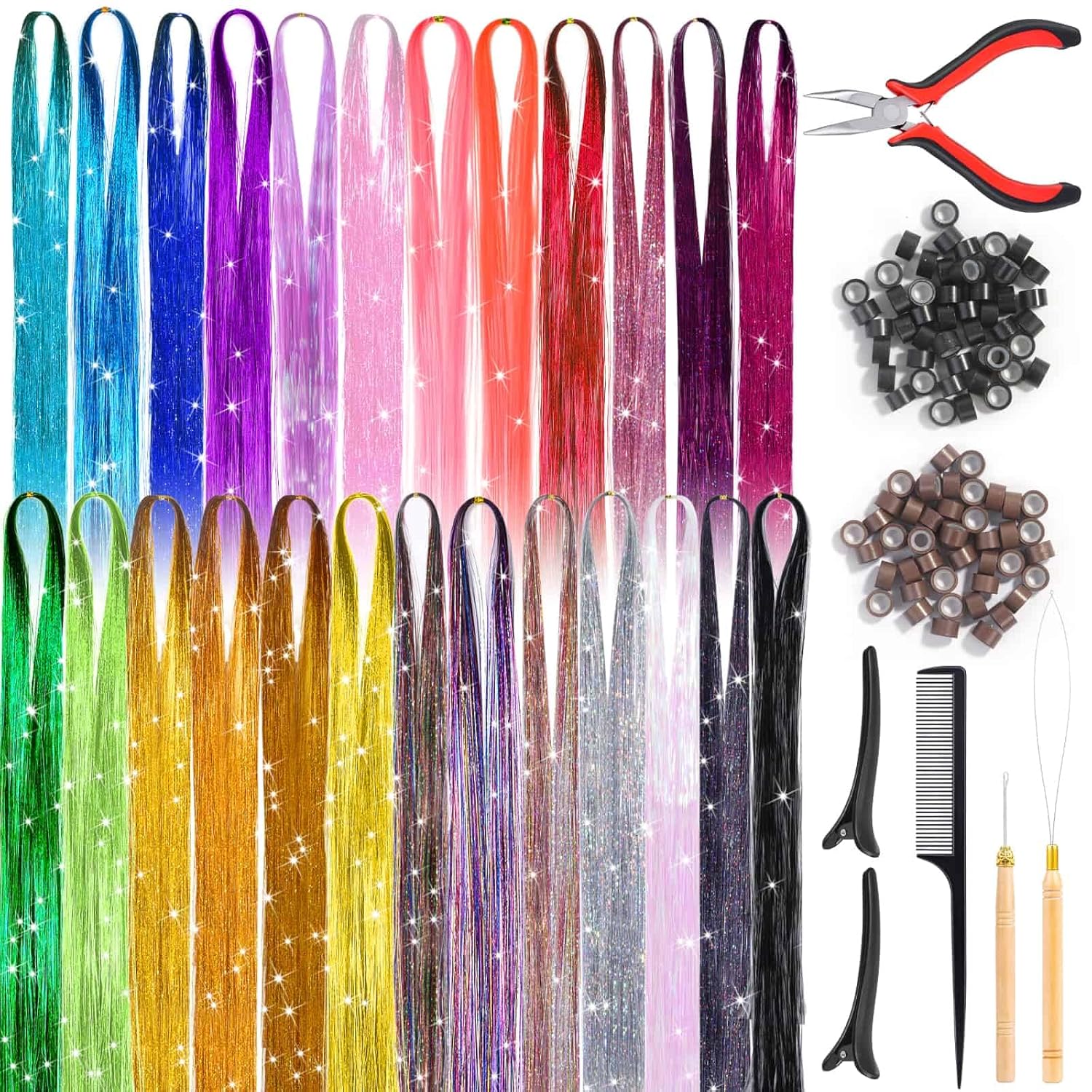 Hair Tinsel Kit (48 Inch 25 Colors 5000 Strands), Glitter Tinsel Hair Extensions