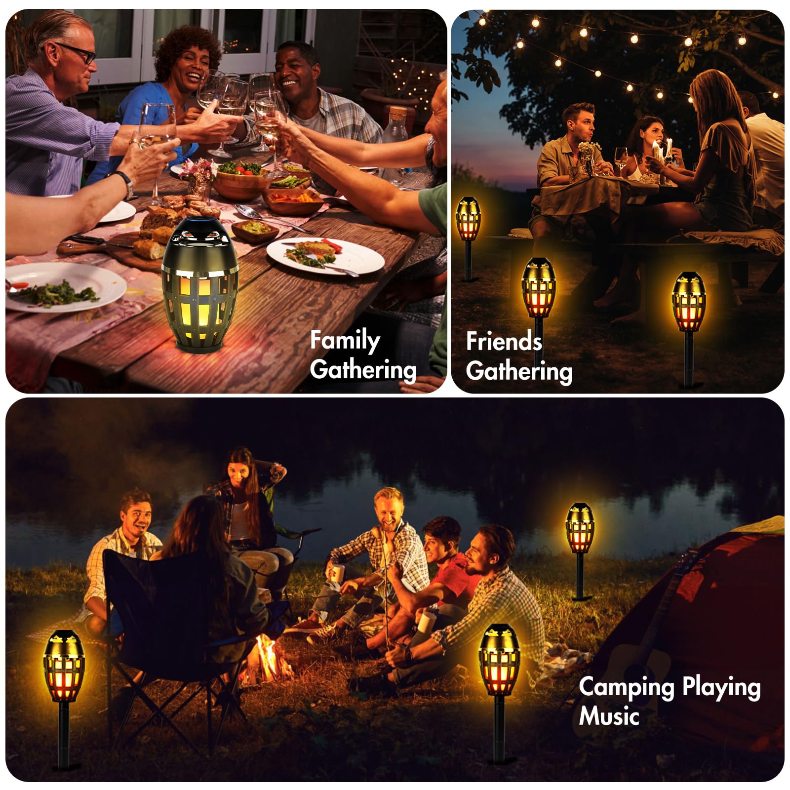 ALLOMN Altoparlante Bluetooth per esterni, con luce di fiamma, confezione da 2 altoparlanti a LED per esterni, Bluetooth, impermeabile, senza fili, per veranda, giardino, cortile