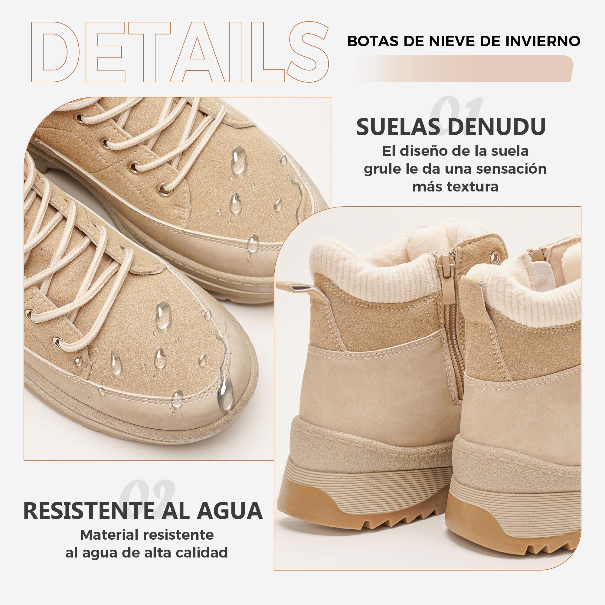 GLAMORA Botines de Invierno para Mujer, Botas de Nieve con Pelo, Suela de Goma Antideslizante, Cordones, Cremallera Lateral y Acabado Resistente al Agua