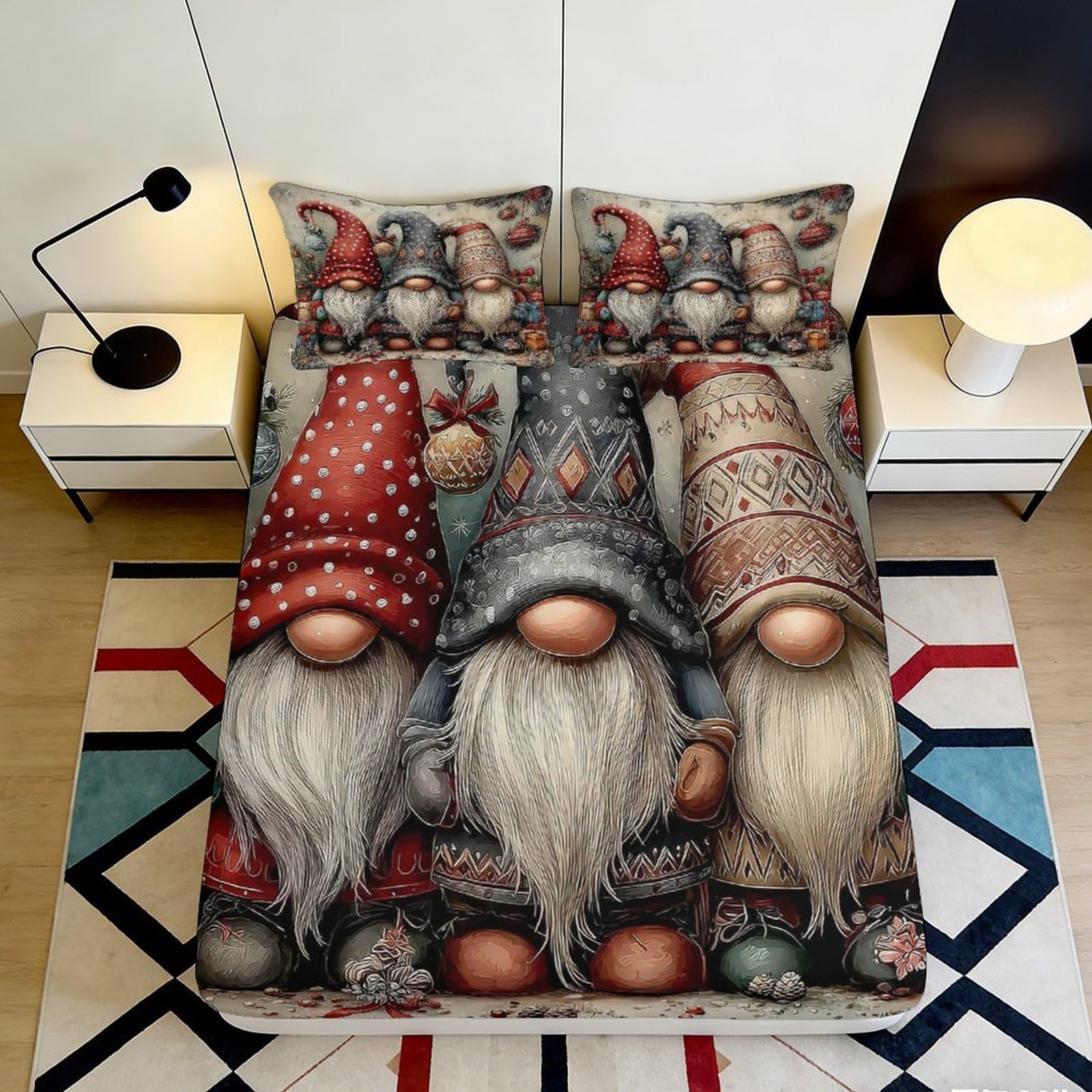 3D Printed Nordic Gnome Fitted Sheet Microfiber Deep Pocket Non-Slip Bedroom Nordic Gnome Mattress Fitted Cover for Adults Teens 200x200x25cm 90x200x25cm