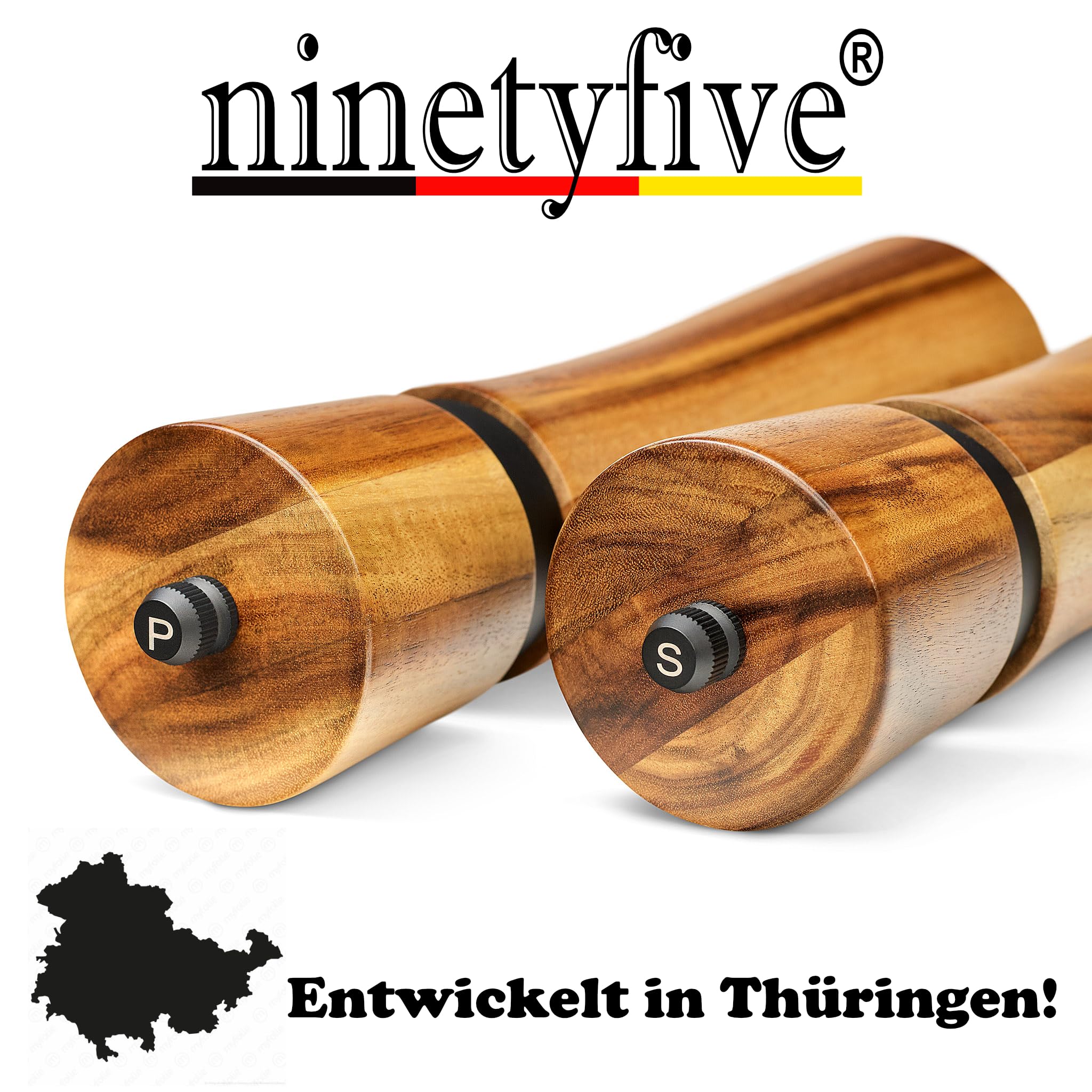 ninetyfive® edles Pfeffermühlen Set aus Holz | Salz und Pfeffermühle + Untersetzer und Einfülllöffel aus Akazienholz | Gewürzmühlen mit Keramikmahlwerk (21cm) | hochwertige Geschenk- Verpackung