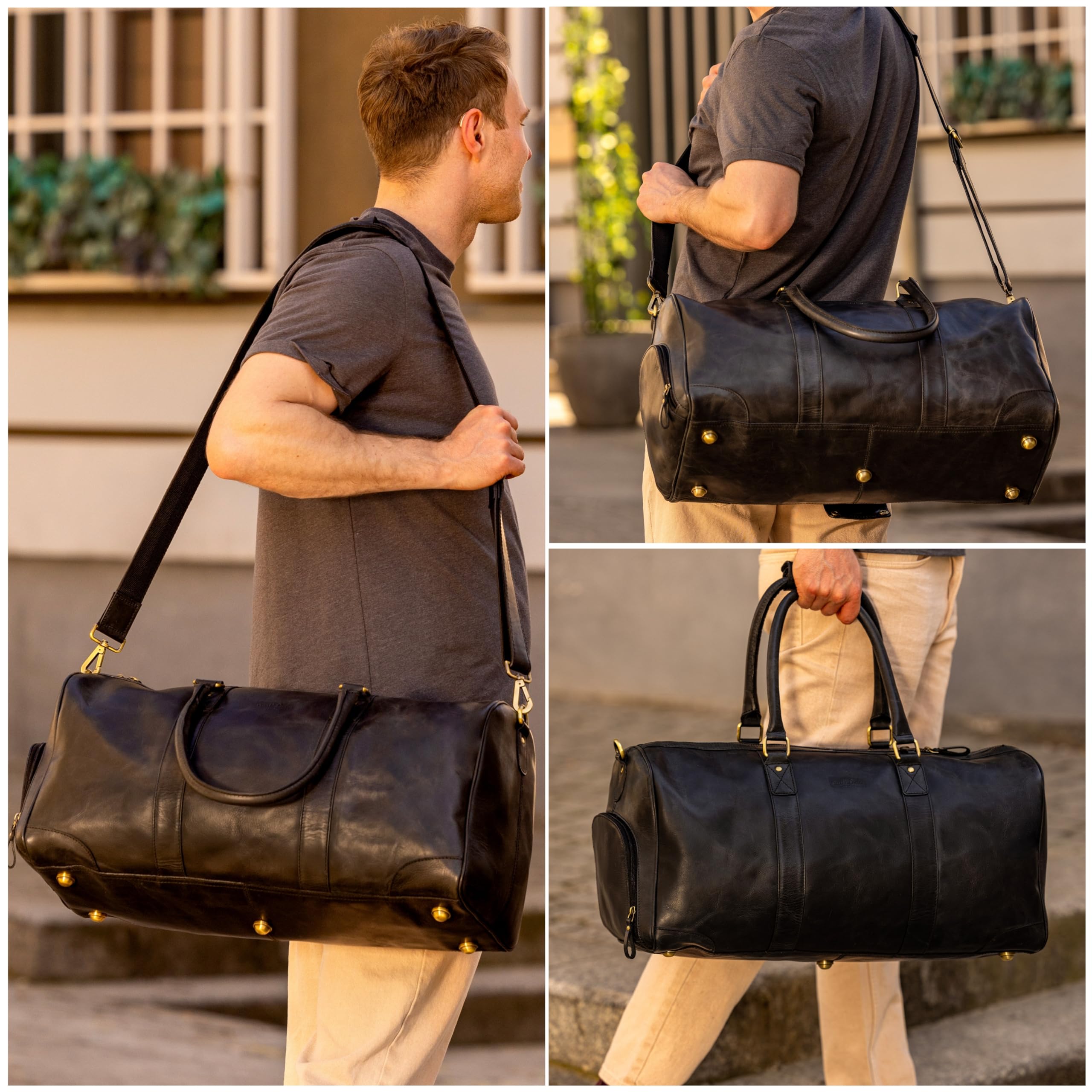 Gusti Reisetasche Leder - Davide Damen und Herren Boardtasche Umhängetasche Ledertasche Reisegepäck Weekender Schwarz Leder