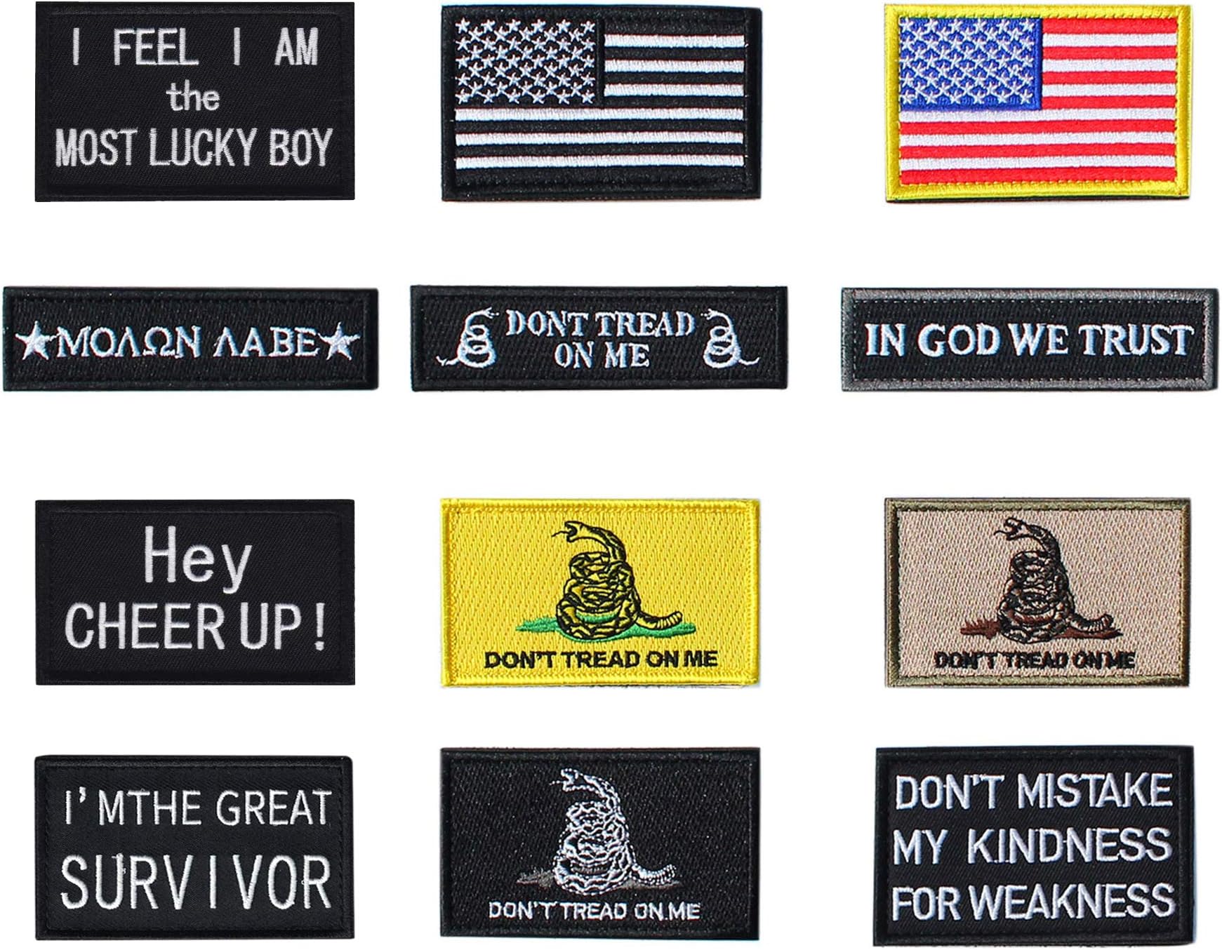 New Bundle 12 Pieces Morale Tactical Embroidery Patches Hook and Loop US Flag Military for Vests Hats Shirts Bags (Style 1)