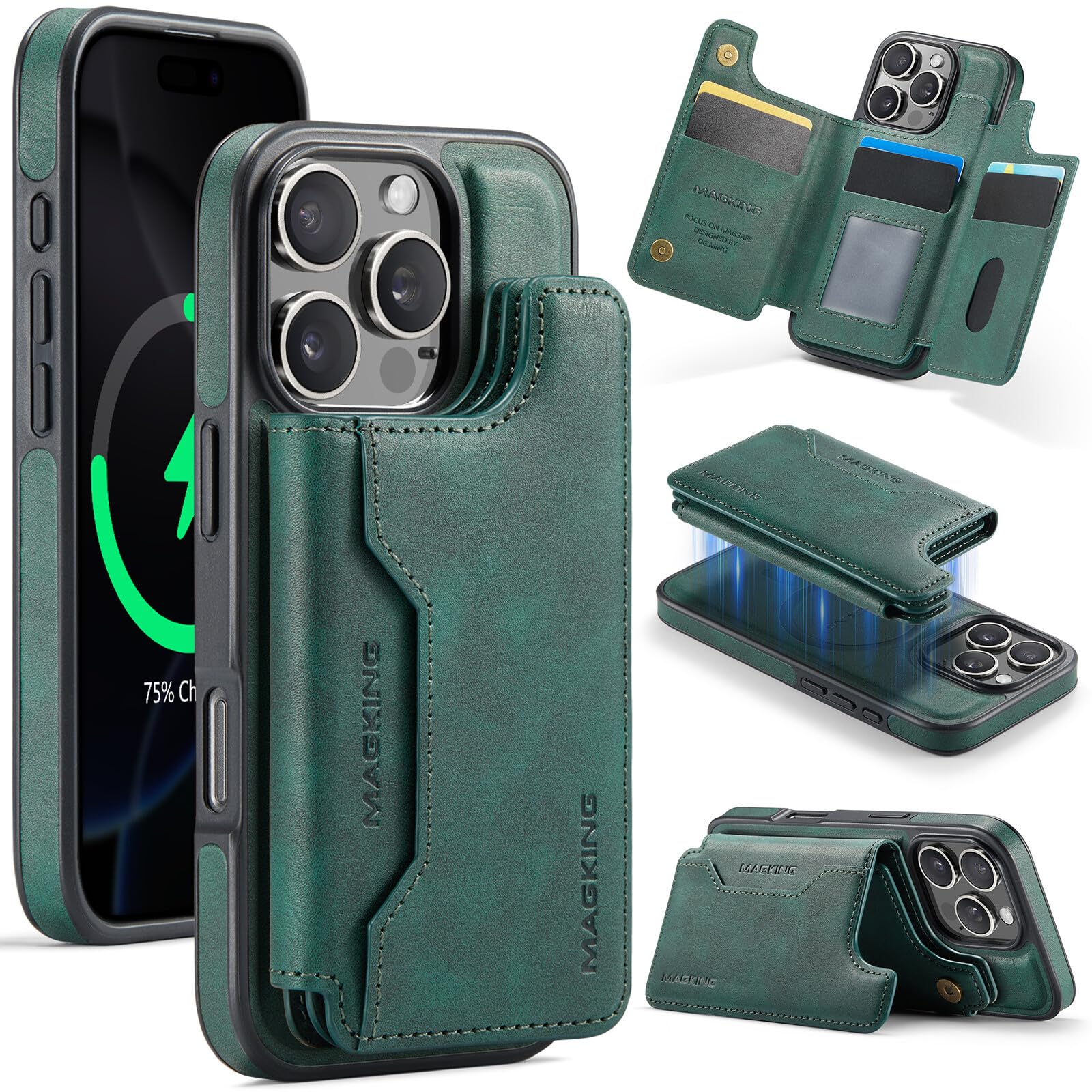 Étui portefeuille cuir iPhone 16 Pro vert avec coque magnétique premium - 8