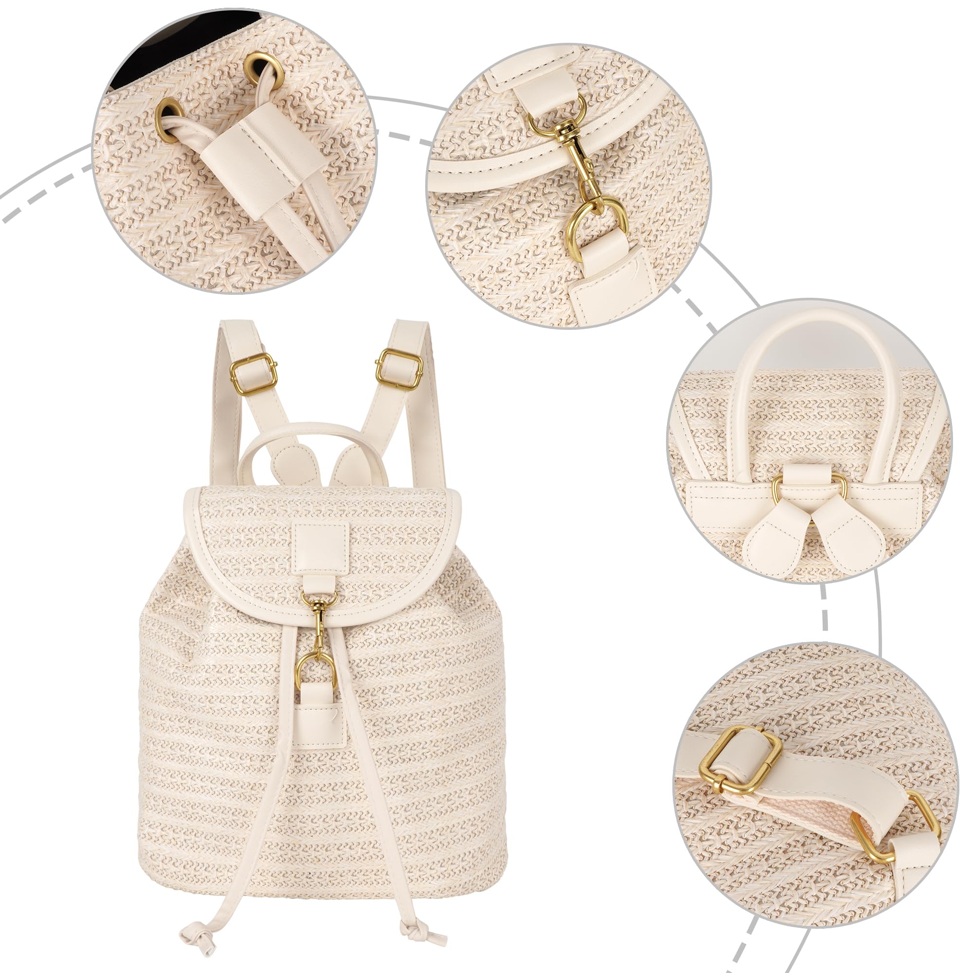 Sac à dos en paille - Sac de plage fait à la main - Avec cordon de serrage - Style bohème - Pour femme - Voyage - Vacances