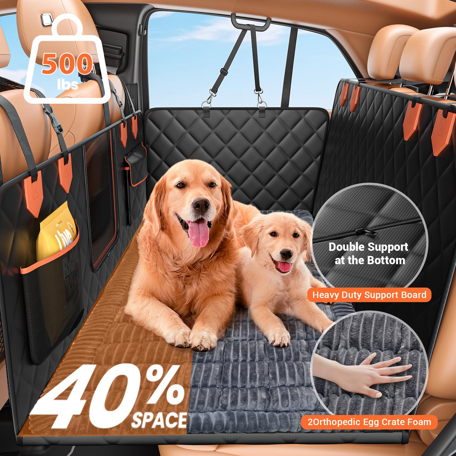 Hard Bottom Car Seat Cover for Dog swith Removable Soft Blankets,Scratch-Proof and Anti-Slip Car Dog Hammock for Large Dogs Brown for Car, SUV - image 2