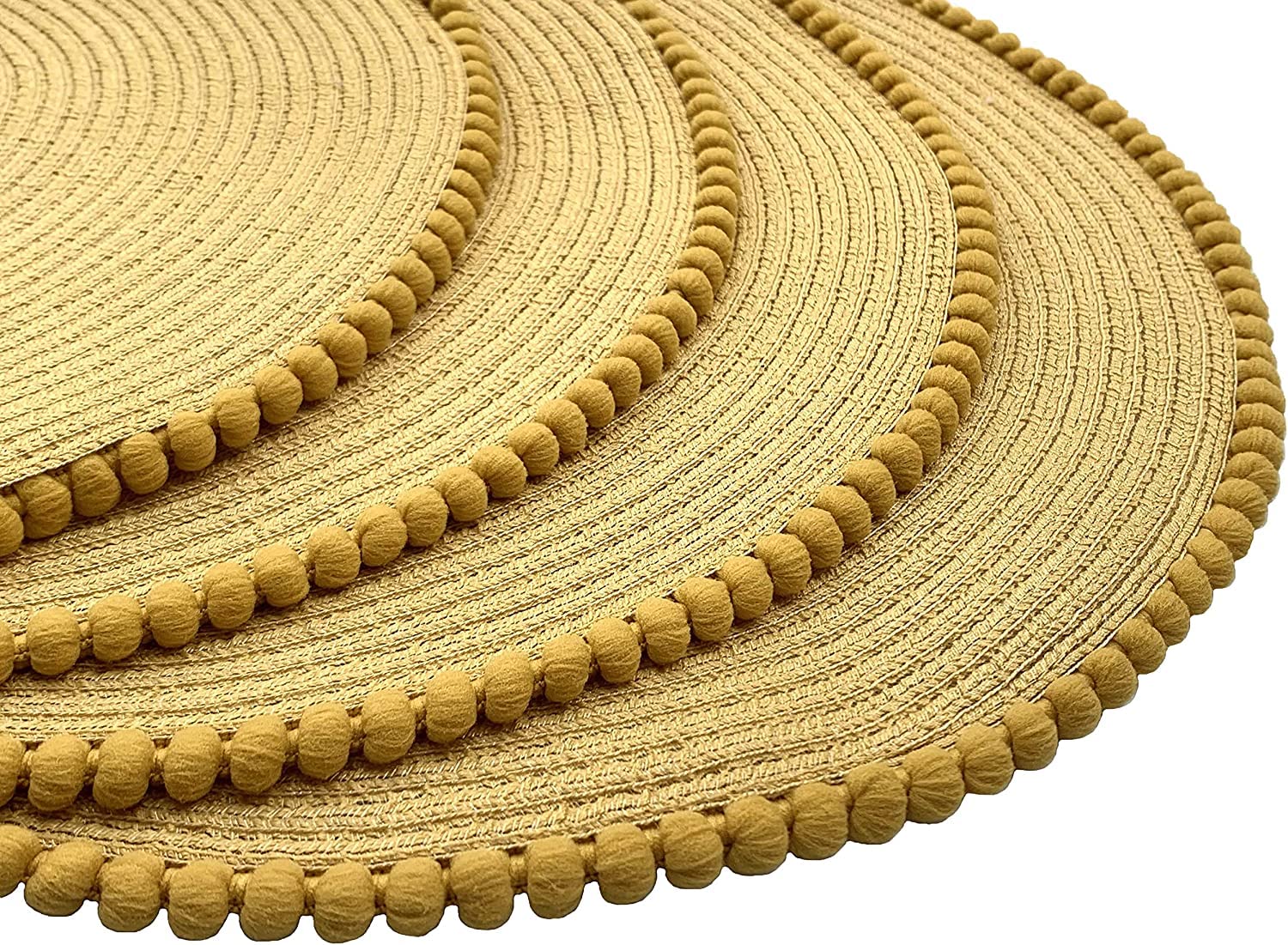 GBS Round Placemats Set of 4-15 Inch Washable Waterproof Braided Place Mats with Tassel Design, Heat Resistant Mat – Non-Slip Vinyl Ochre Table Mats for Kitchen, Dining, Outdoor, & Party Decor