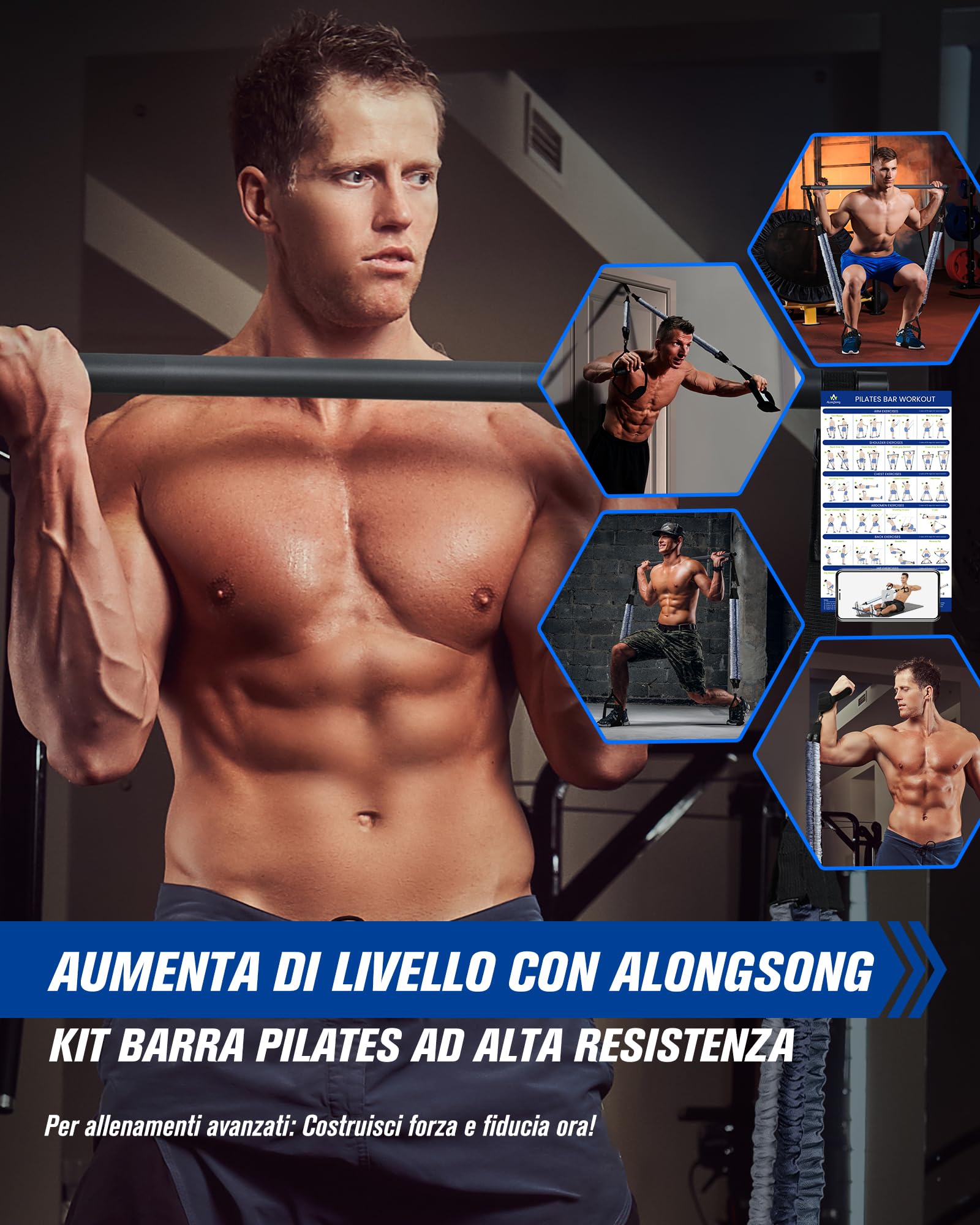 AlongSong Set Pilates con Fasce Elastiche (20-360 LBS), Barra Pilates a 3 Sezioni e Manuale di Istruzioni, Set Multifunzionale e Portatile per Il Fitness a Casa per Allenamenti in Famiglia
