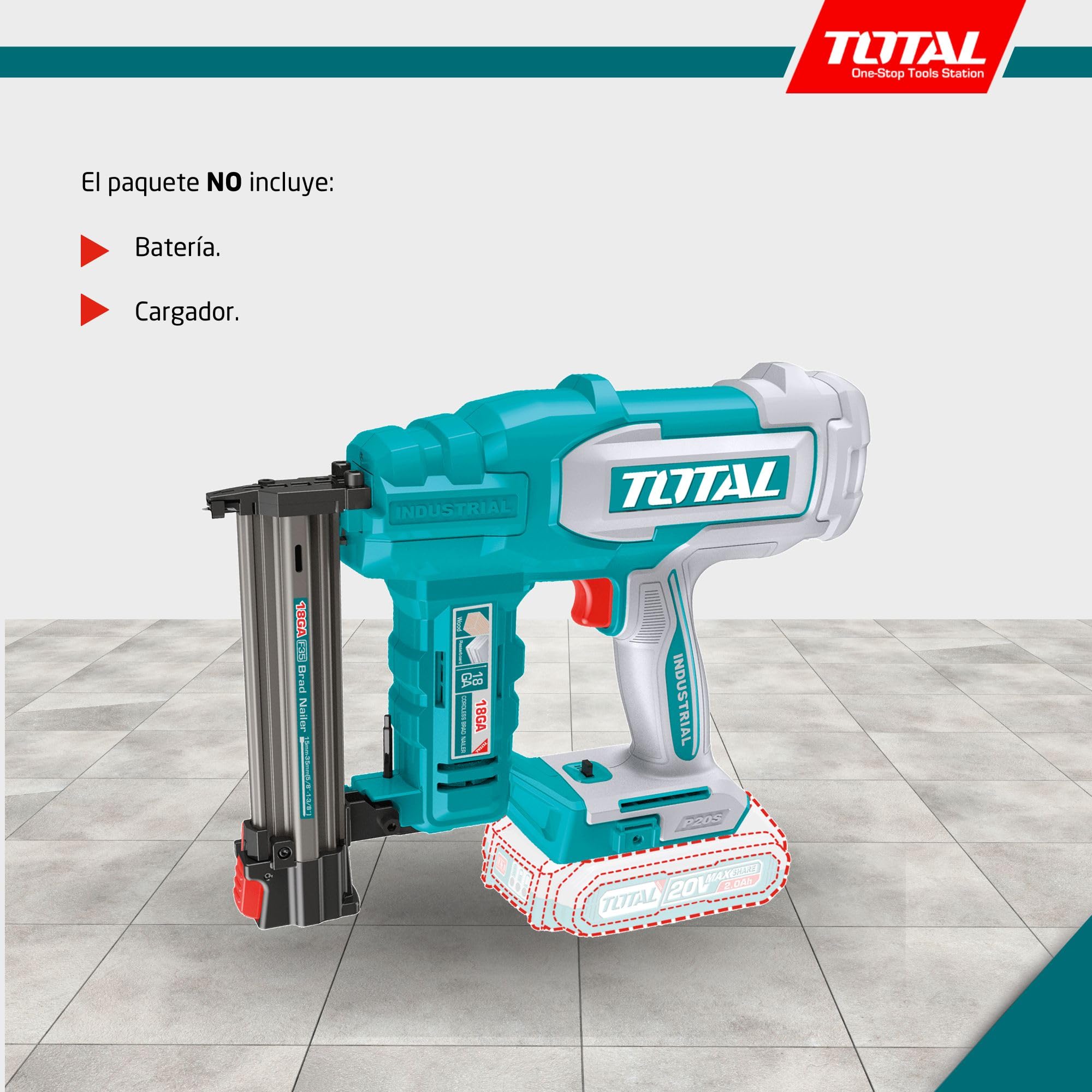 TOTAL - Clavadora a Batería 20V Profesional; 2 Clavos; Compatible F15-F35; Cargador 105 Clavos; Modelo TCBNLI2005; Herramienta Eléctrica sin Batería ni Cargador