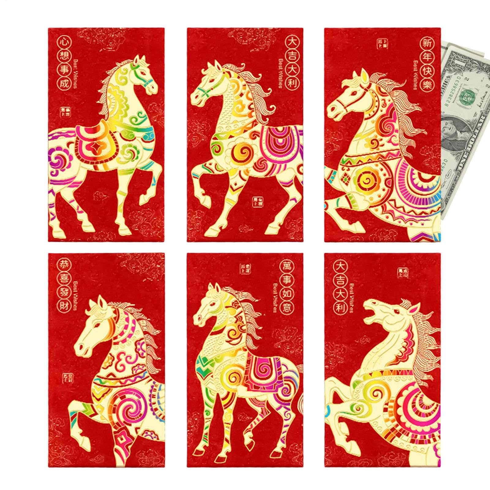 Rote Geldumschläge,2026 Frohes Neues Jahr Chinesisch 6-Teilig,Jahr Des Pferdes Folien Rote Geldtüten 2026 | Für Heimdekoration Hochzeit Feiertag Geburtstagsfeier Kinder Erwachsene