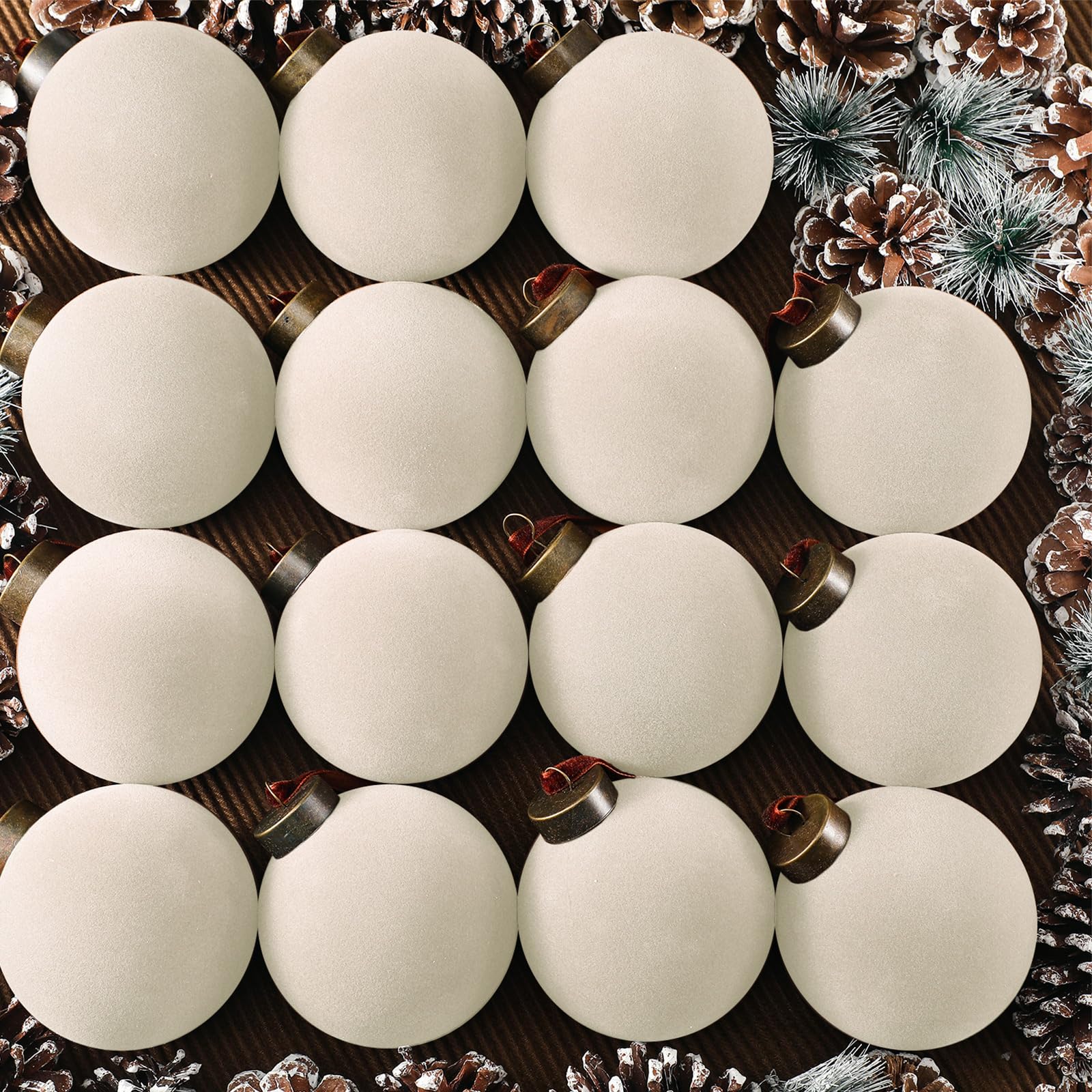 Liliful 15 Pcs Velvet Christmas Balls - Flocked Tree Ornaments (Creamy White, 3.15 Inch)