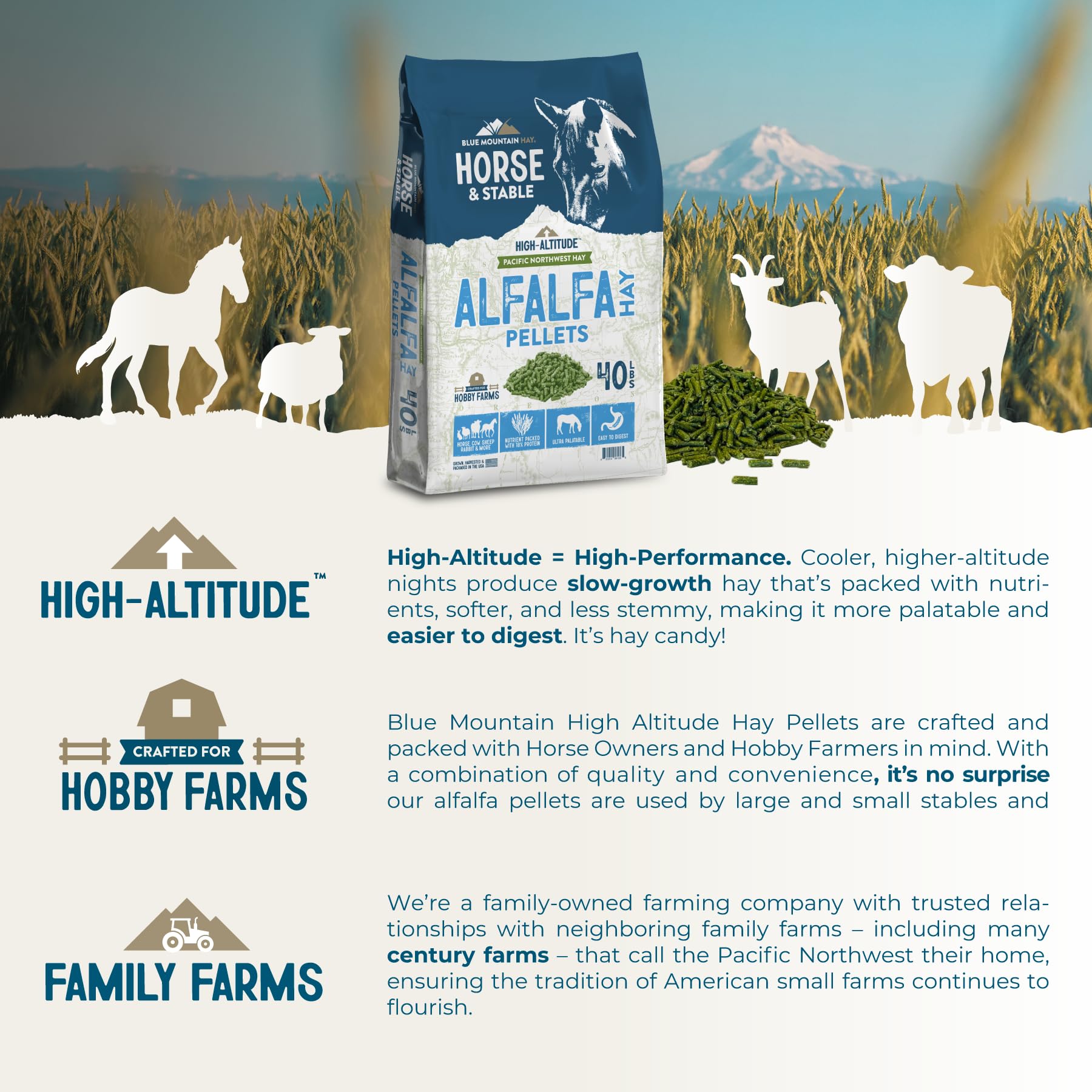 Blue Mountain Hay Alfalfa Heupellets in hoher Höhe (18 kg), Ultra Premium Nährstoffdichtes Futter, klein, schnell einweichen, staubarme Pellets, einfach zu messen, automatische Futterautomatik