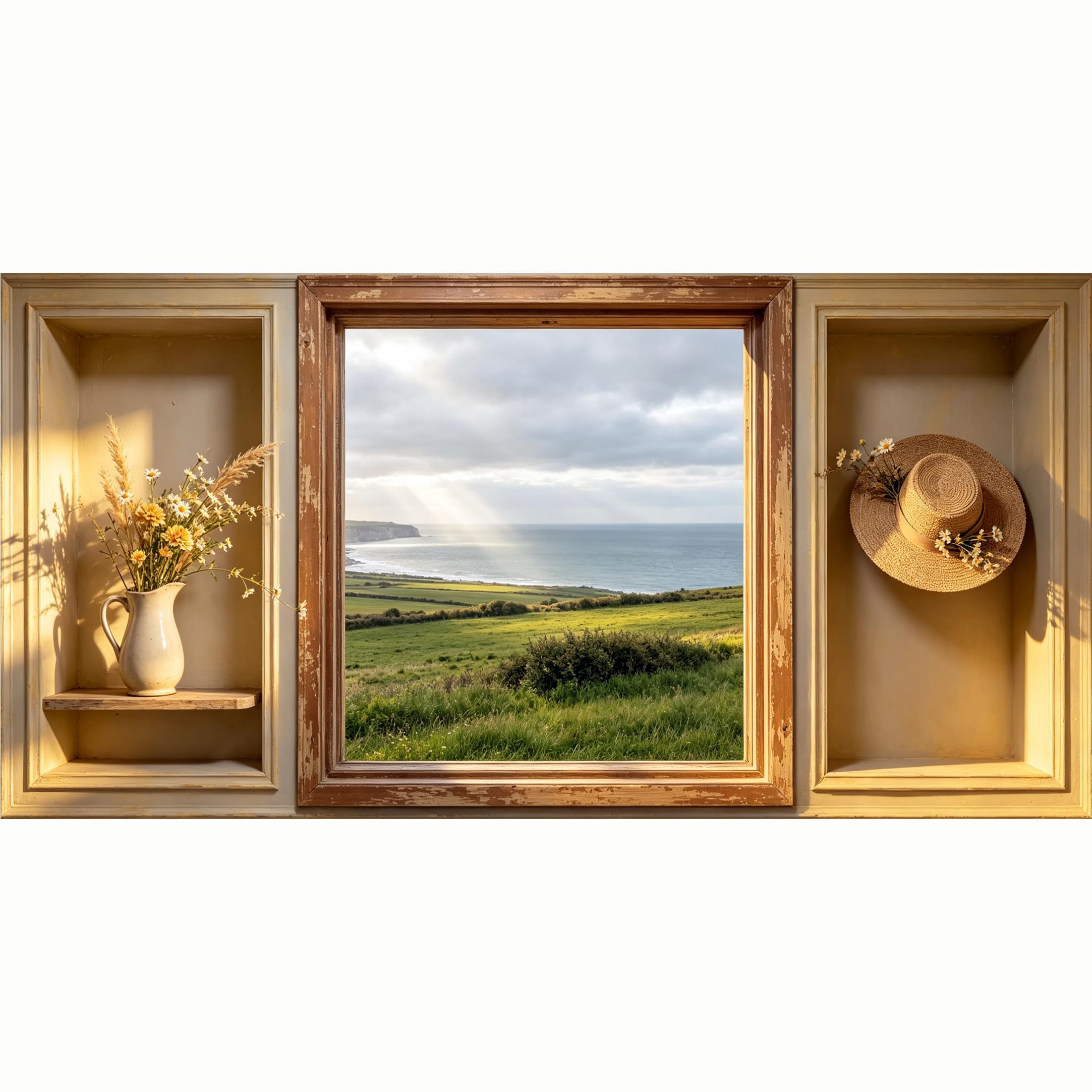 QZLITHOTIC 50x100cm 3D Framed Wall Art， Coastal Landscape Meadow Window View Self‑Adhesive Mural， Water‑Activated Peel & Stick Fabric Decor Wall Decal for Bedroom Living Room