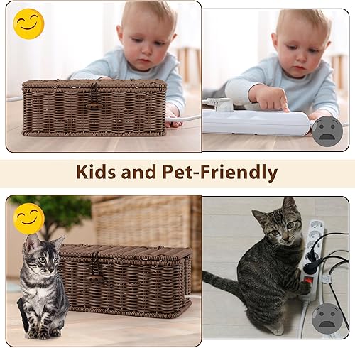 Miniatura 4 de Caja de organización de cables, caja organizadora de cables de ratán sintético tejida a mano con tapa, 2 ranuras abiertas, caja organizadora de