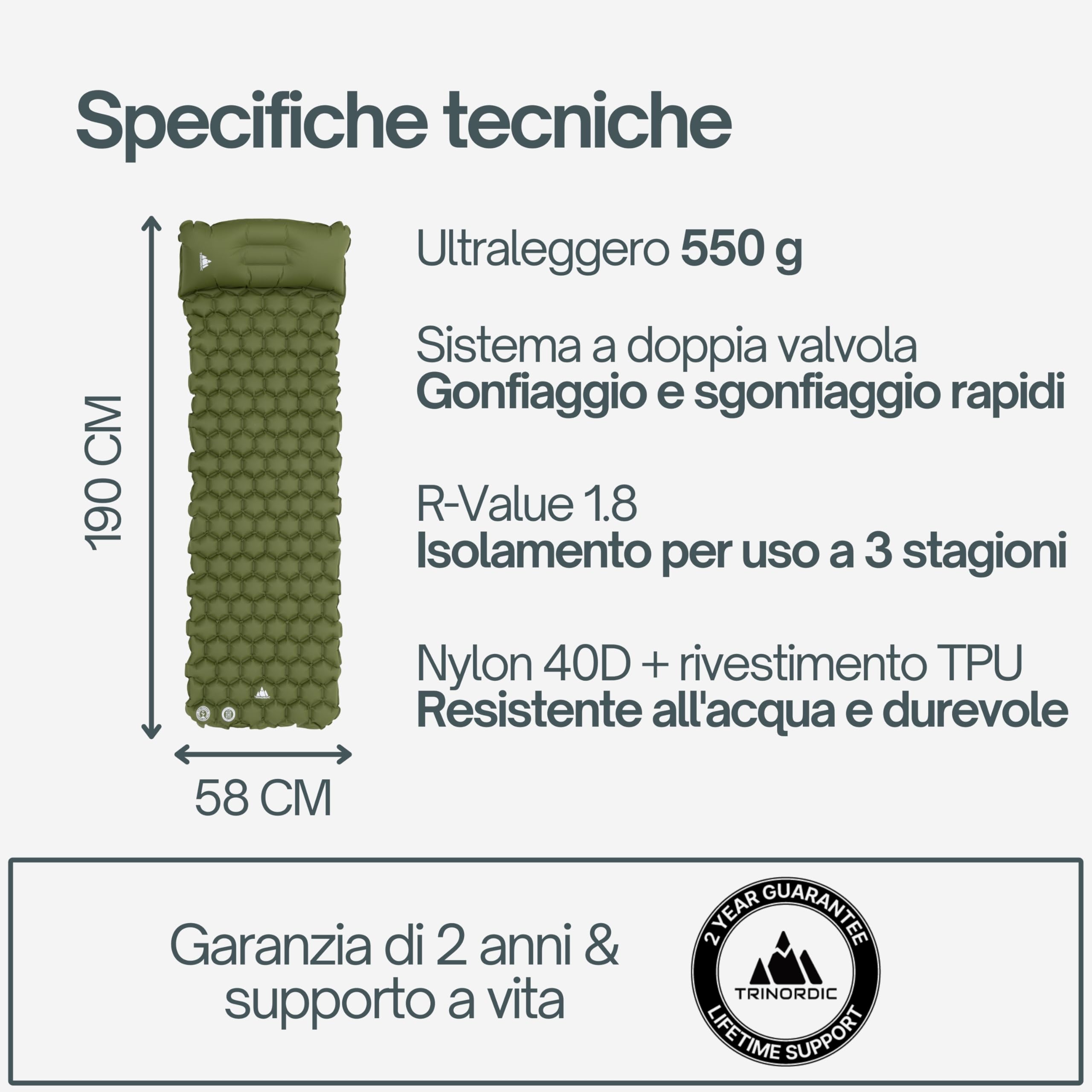 Trinordic, Materassino da campeggio singolo ultra leggero e gonfiabile, con cuscino, per dormire, pieghevole, leggero, portatile, per viaggi con zaino in spalla, escursionismo e viaggi