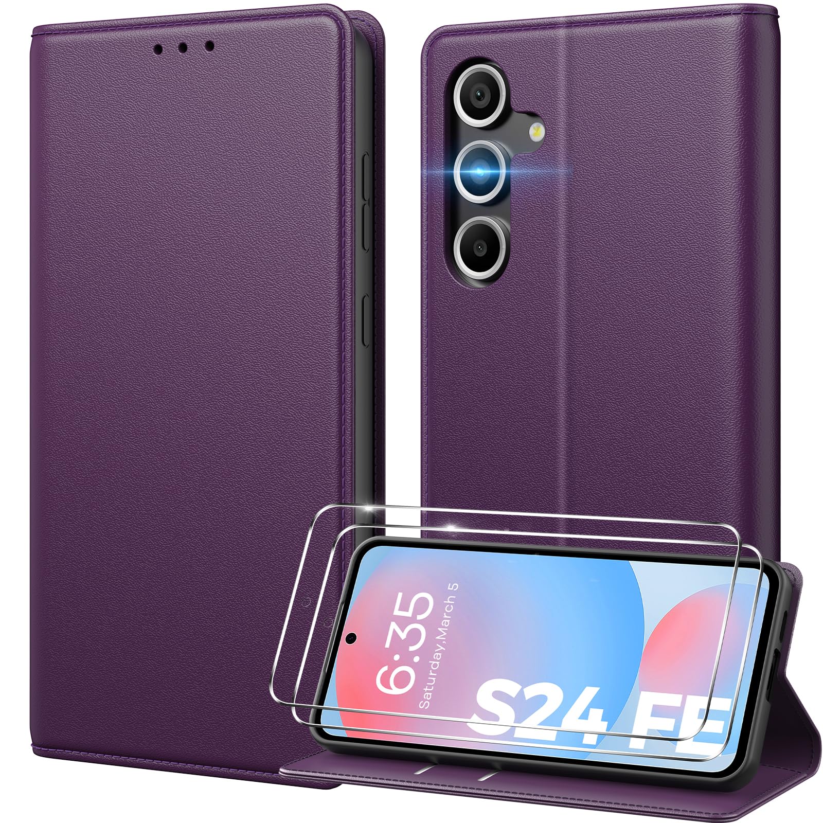Peakally Handyhülle für Samsung Galaxy S24 FE 5G Hülle [Mit Panzer Schutz Glas] [Premium PU Leder] [Kartenfach] [Ständer] Klapphülle Kompatibel mit Galaxy S24 FE - Dunkellila