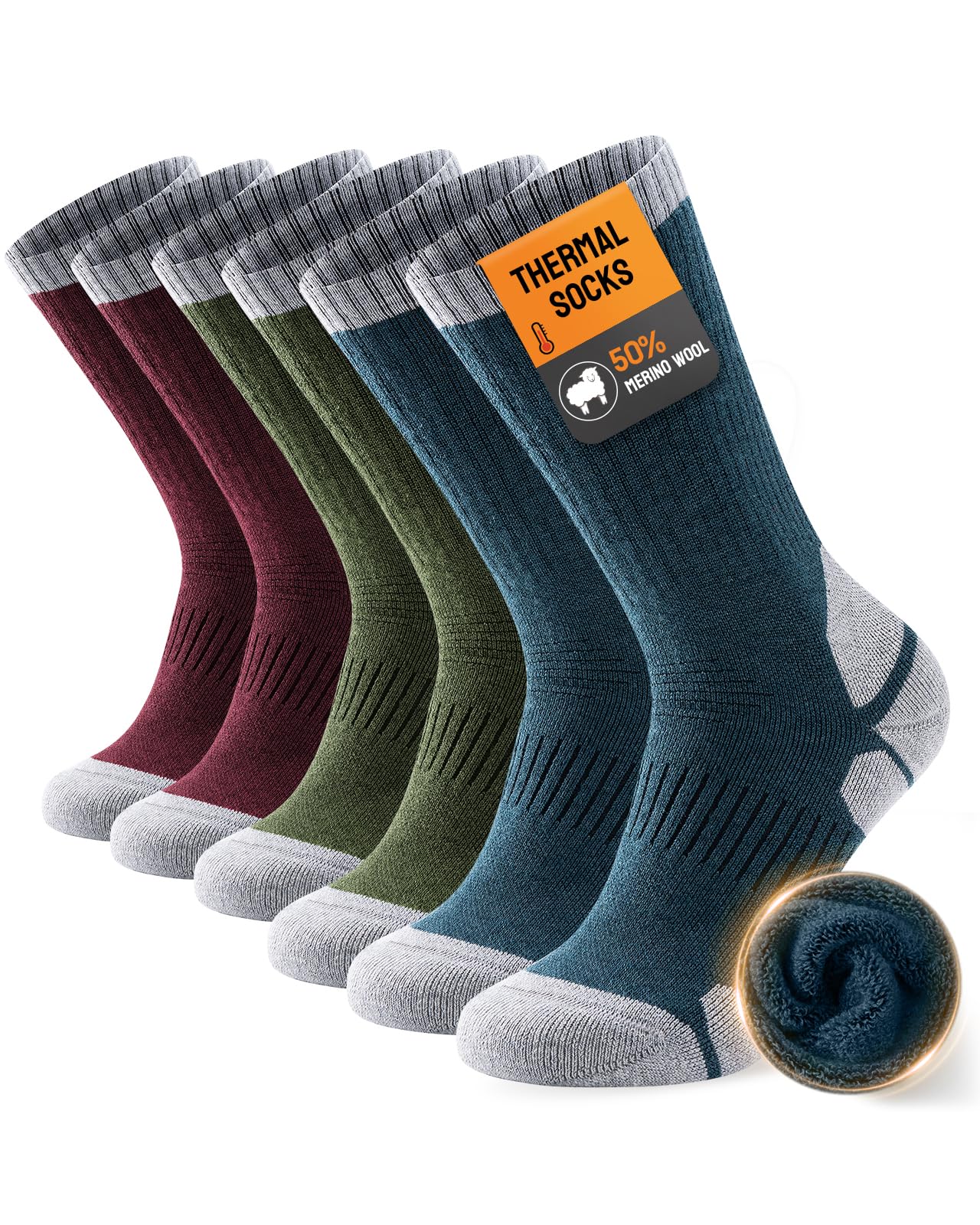 Merino Wool Thermal Socks for Men & Women – Warm Thick Cushioned Crew Hiking, Walking, Running & Work Socks, 3 Pairs OEKO-TEX Certified